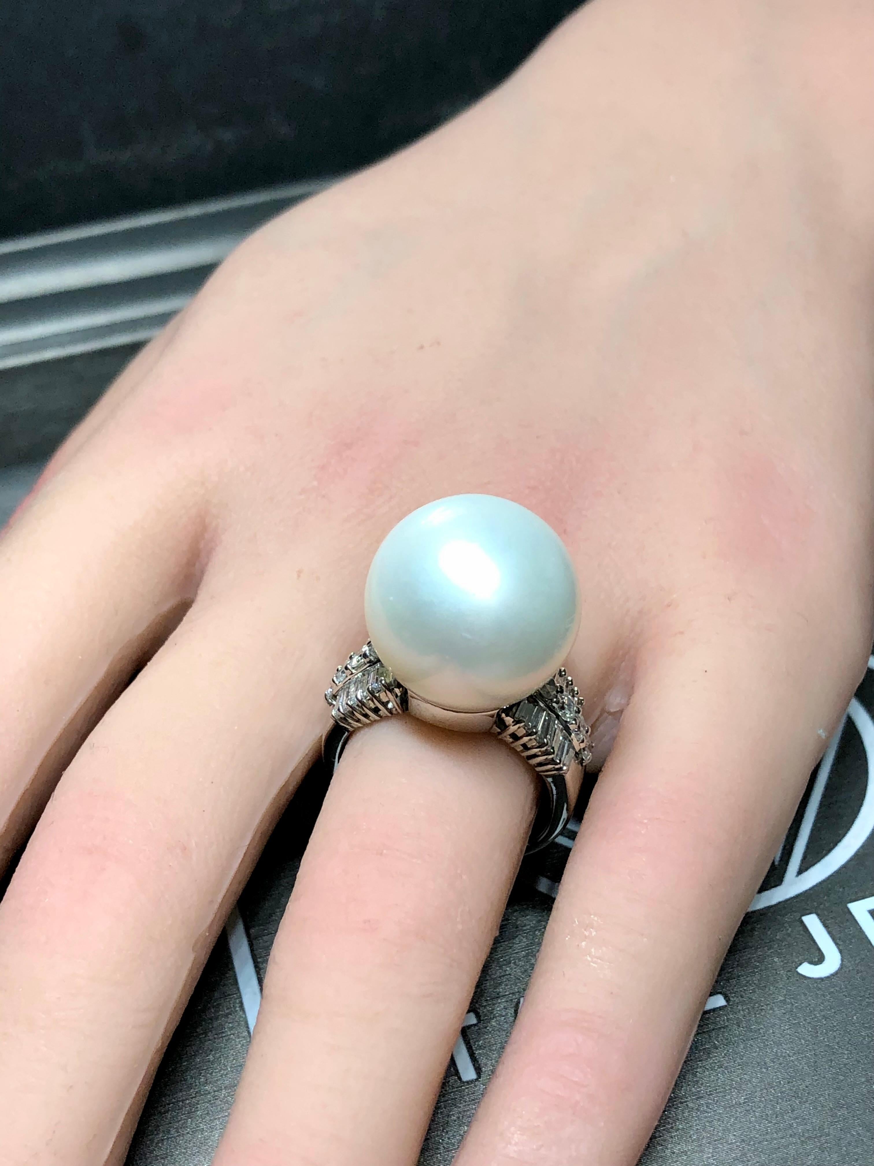 Estate Platinum LARGE South Sea Pearl Baguette Diamond Cocktail Ring 17.30mm For Sale 3
