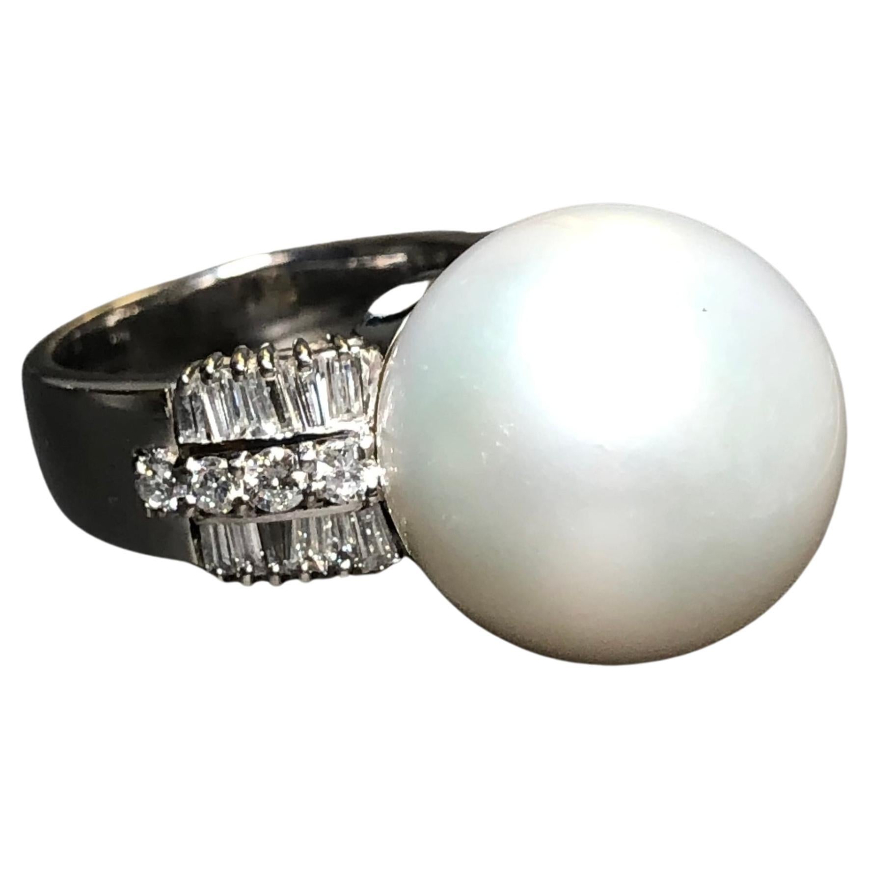 Estate Platinum LARGE South Sea Pearl Baguette Diamond Cocktail Ring 17.30mm 