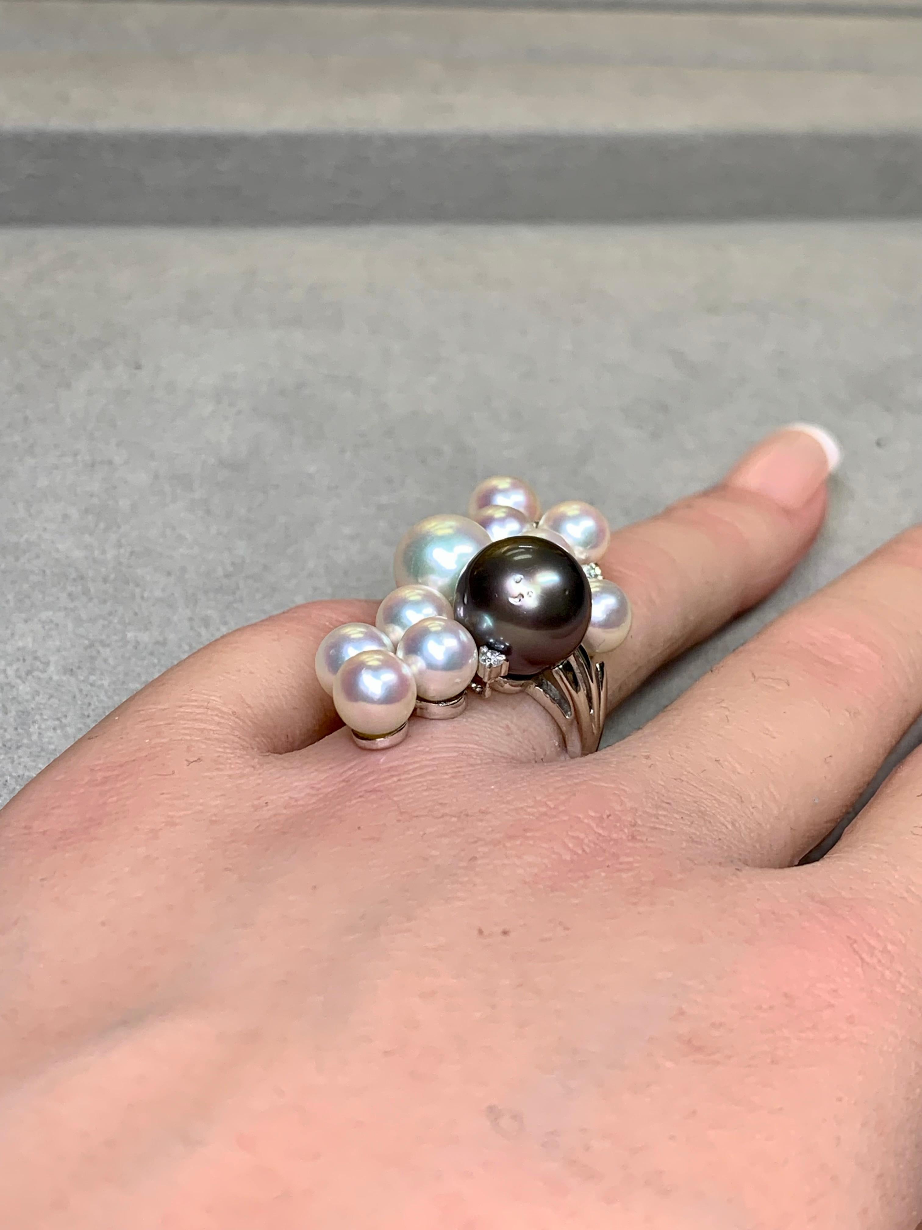 Estate Platinum Multicolored South Sea Pearl Long Diamond Cocktail Ring 11.50mm For Sale 4
