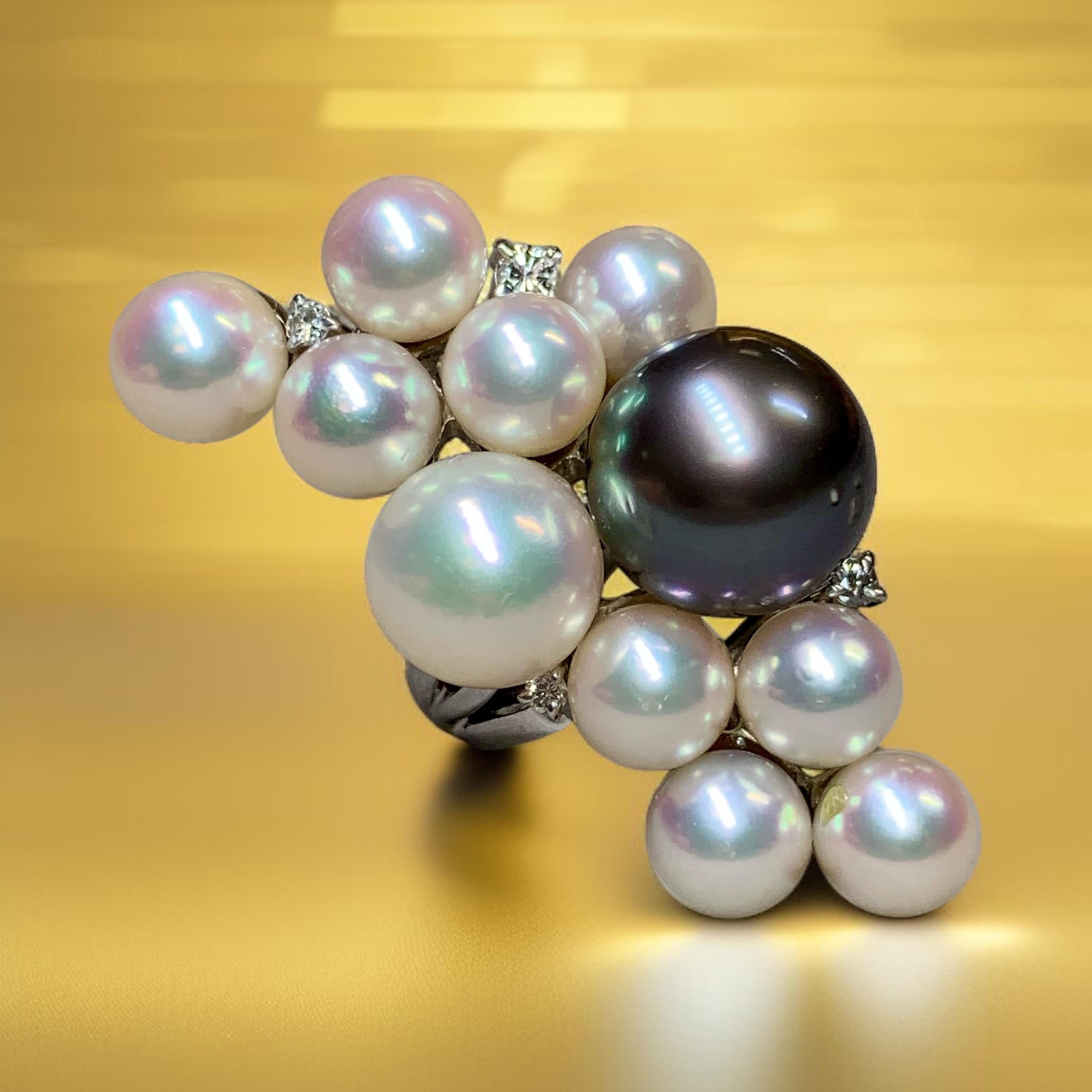 Estate Platinum Multicolored South Sea Pearl Long Diamond Cocktail Ring 11.50mm For Sale 5