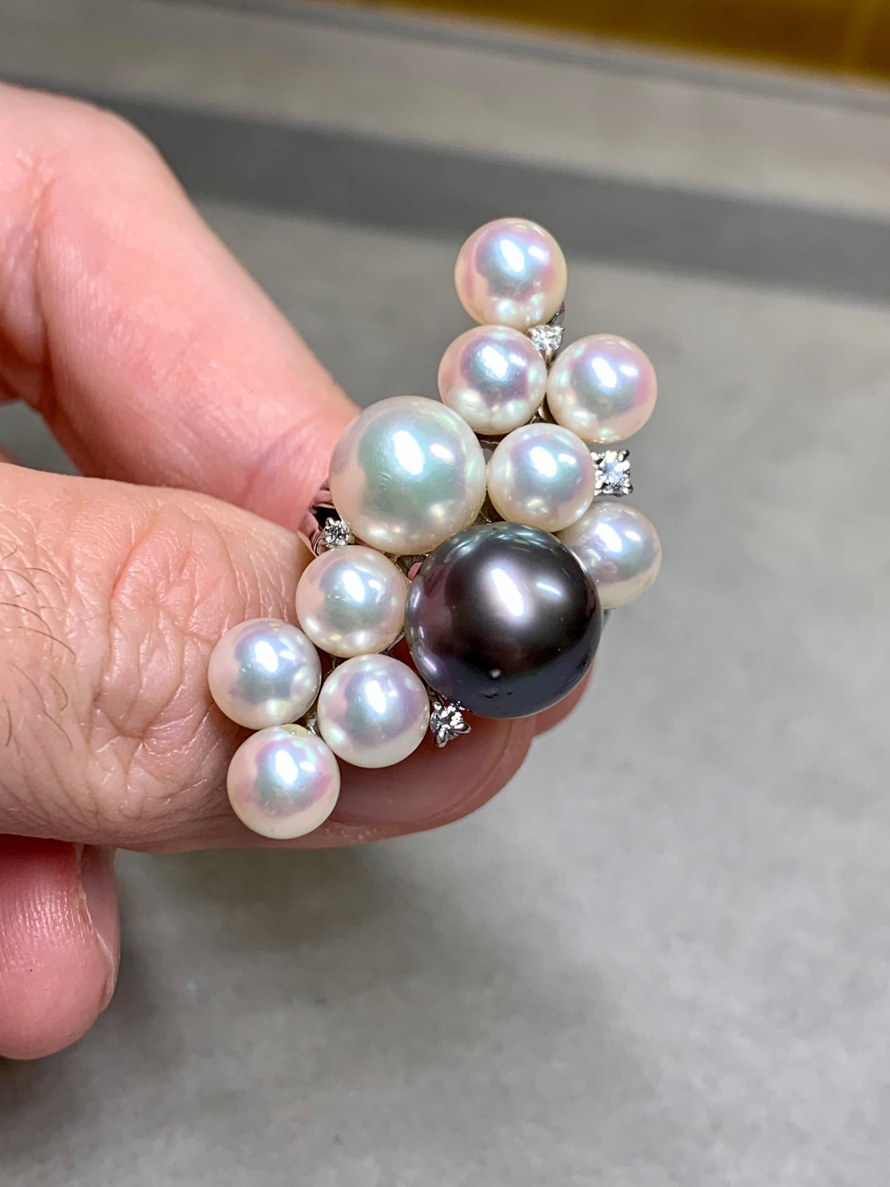 Round Cut Estate Platinum Multicolored South Sea Pearl Long Diamond Cocktail Ring 11.50mm For Sale