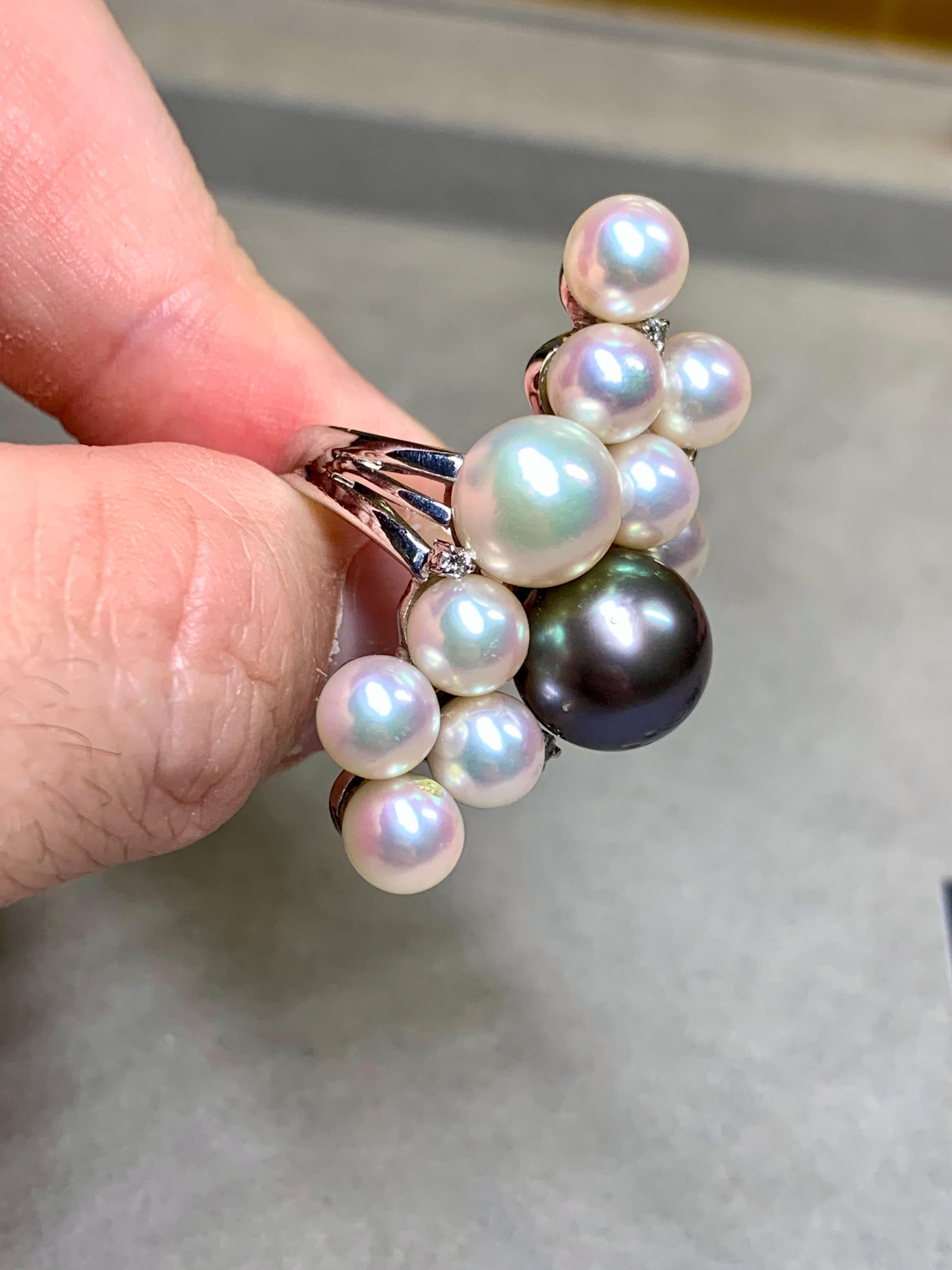 Estate Platinum Multicolored South Sea Pearl Long Diamond Cocktail Ring 11.50mm In Good Condition For Sale In Winter Springs, FL