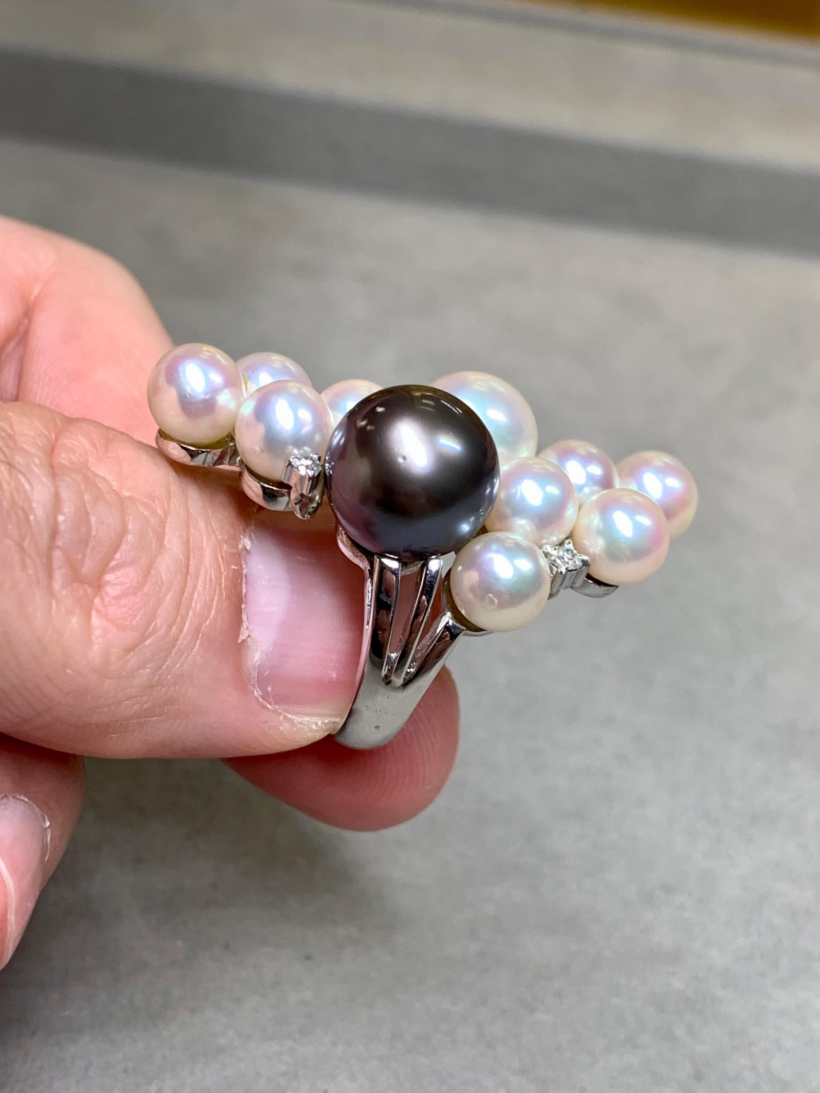 Women's or Men's Estate Platinum Multicolored South Sea Pearl Long Diamond Cocktail Ring 11.50mm For Sale