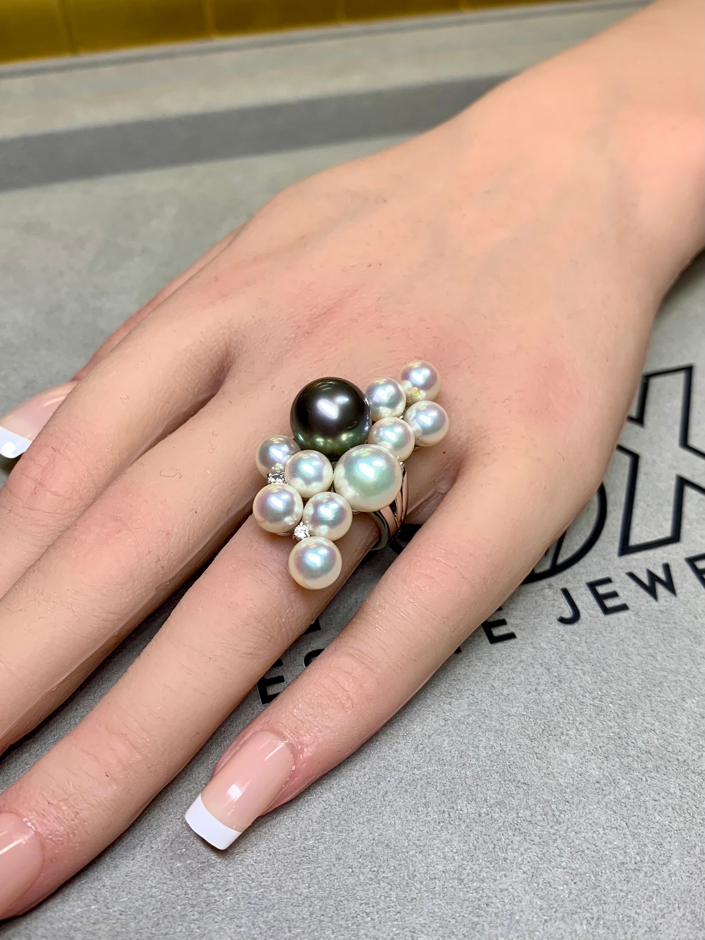 Estate Platinum Multicolored South Sea Pearl Long Diamond Cocktail Ring 11.50mm For Sale 1