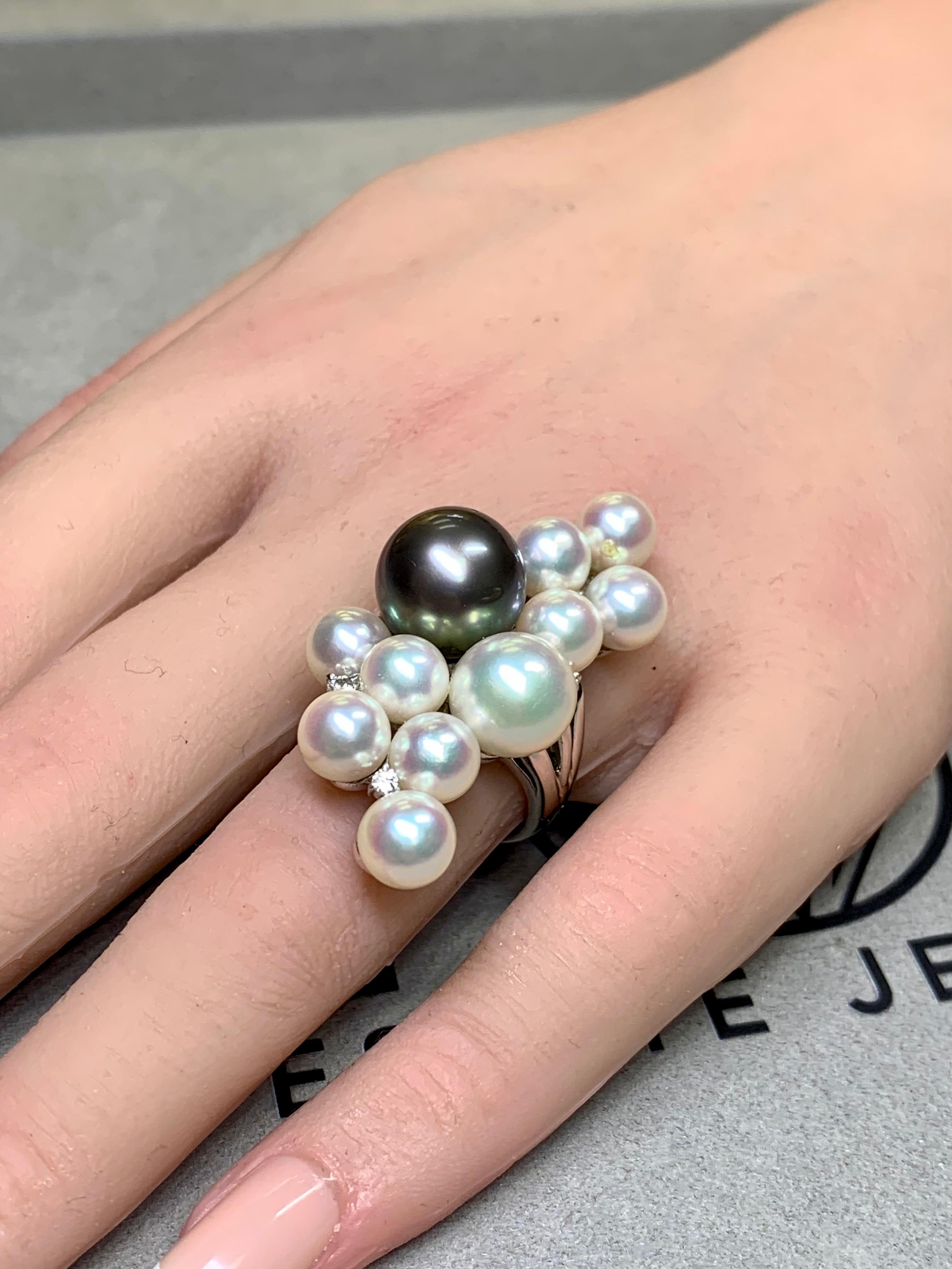 Estate Platinum Multicolored South Sea Pearl Long Diamond Cocktail Ring 11.50mm For Sale 2