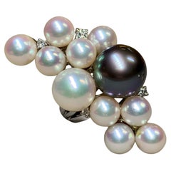 Bague cocktail longue en platine avec perles des mers du Sud multicolores de 11,50 mm