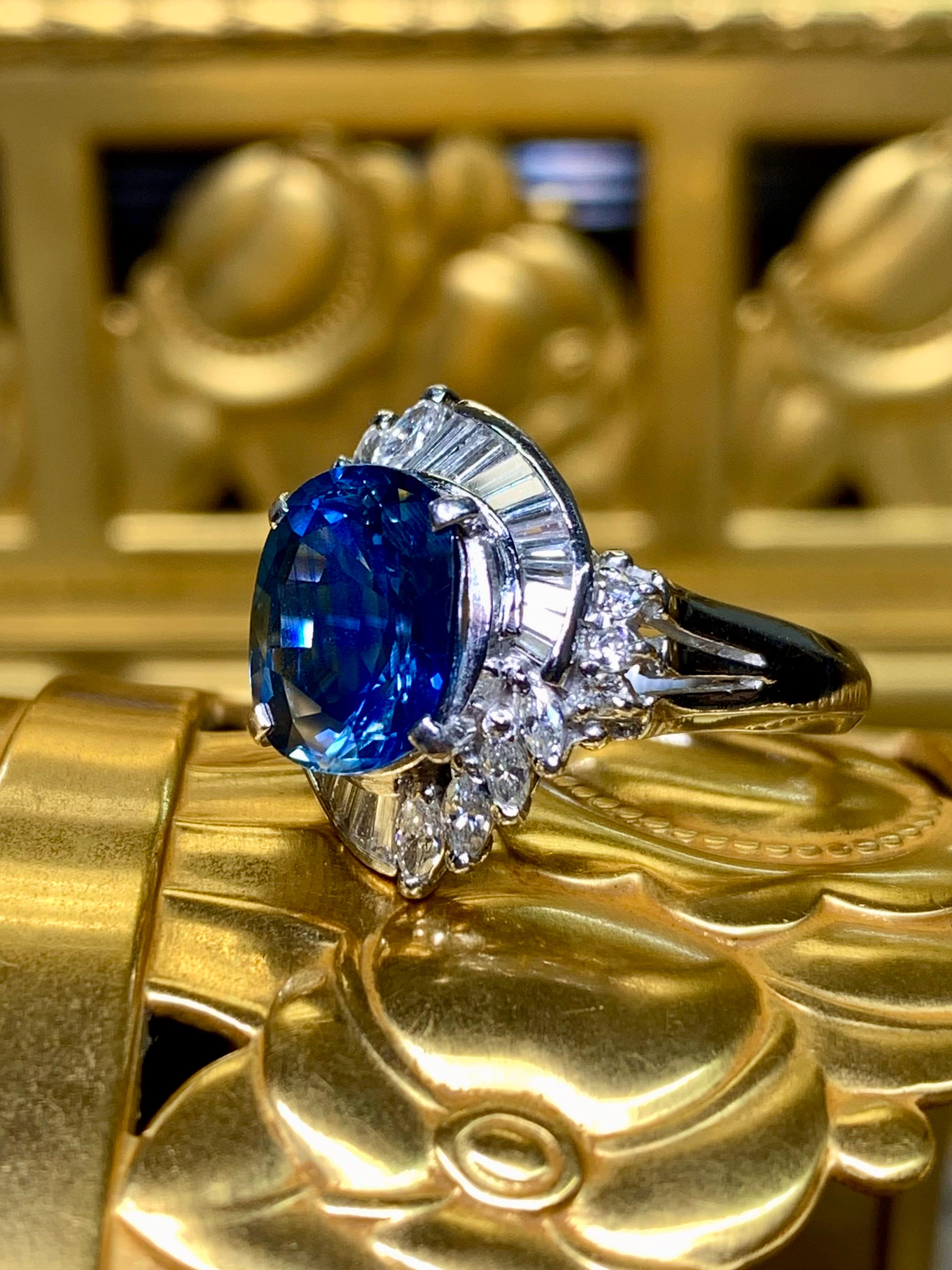 Retro Estate Platinum Oval Sapphire Marquise Baguette Diamond Cocktail Ring 4.88ctw For Sale