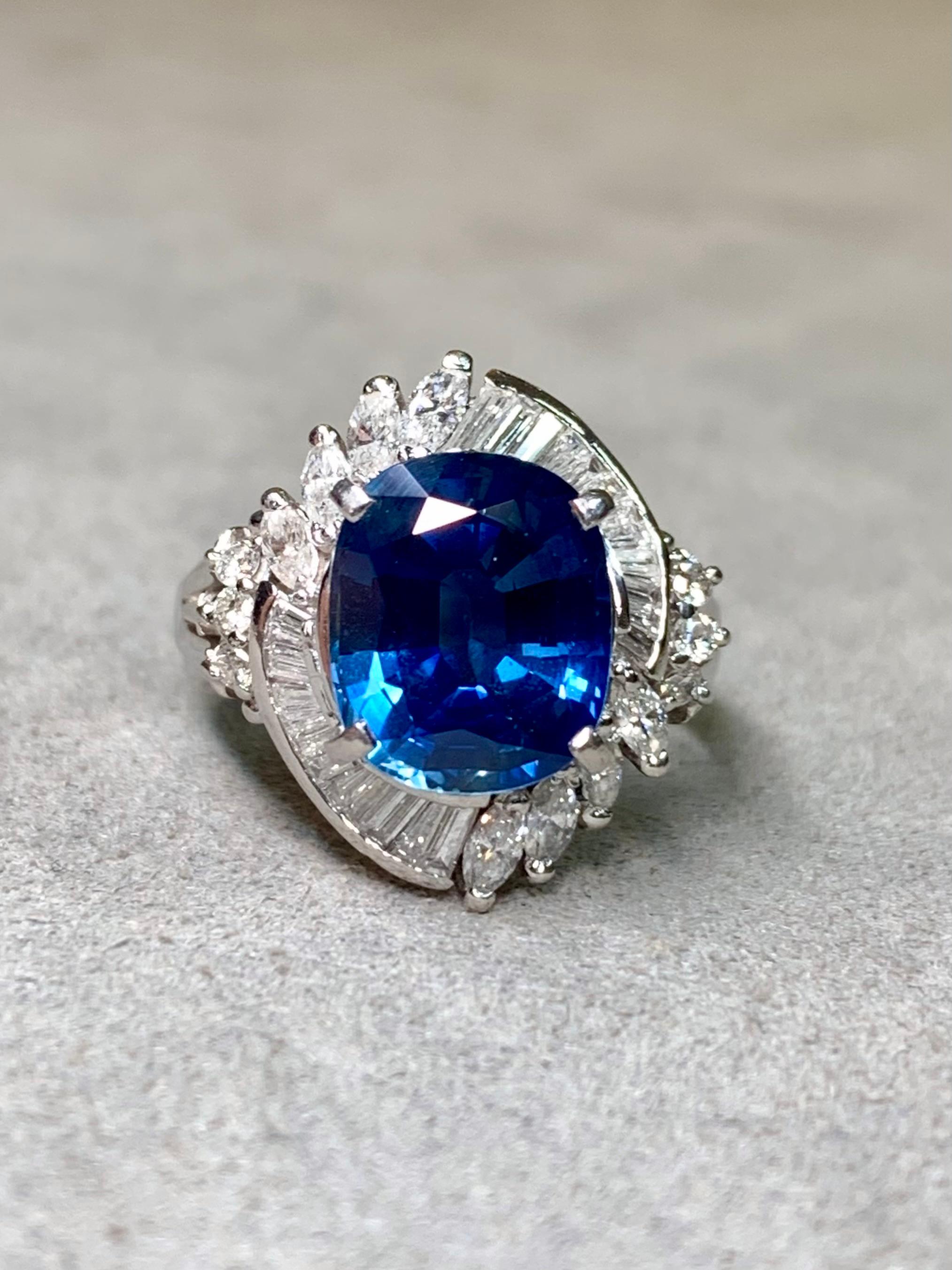 Oval Cut Estate Platinum Oval Sapphire Marquise Baguette Diamond Cocktail Ring 4.88ctw For Sale