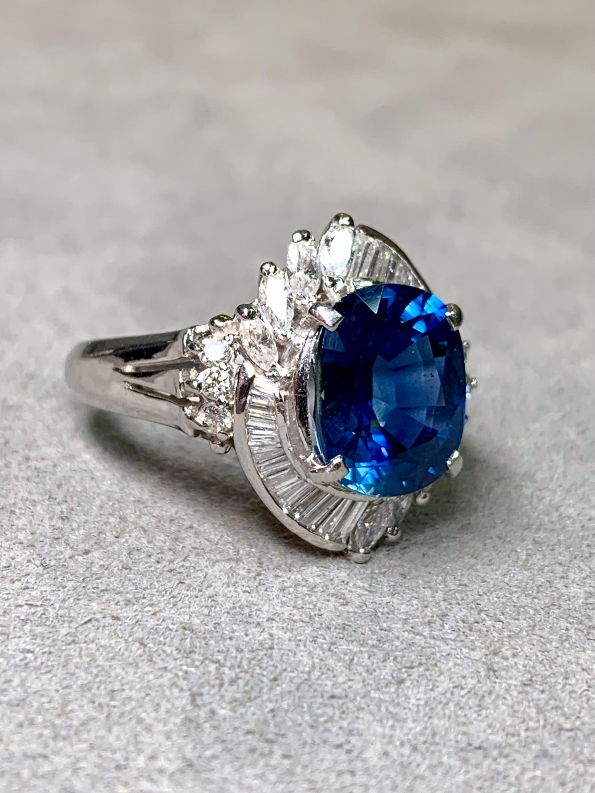 Estate Platinum Oval Sapphire Marquise Baguette Diamond Cocktail Ring 4.88ctw In Good Condition For Sale In Winter Springs, FL