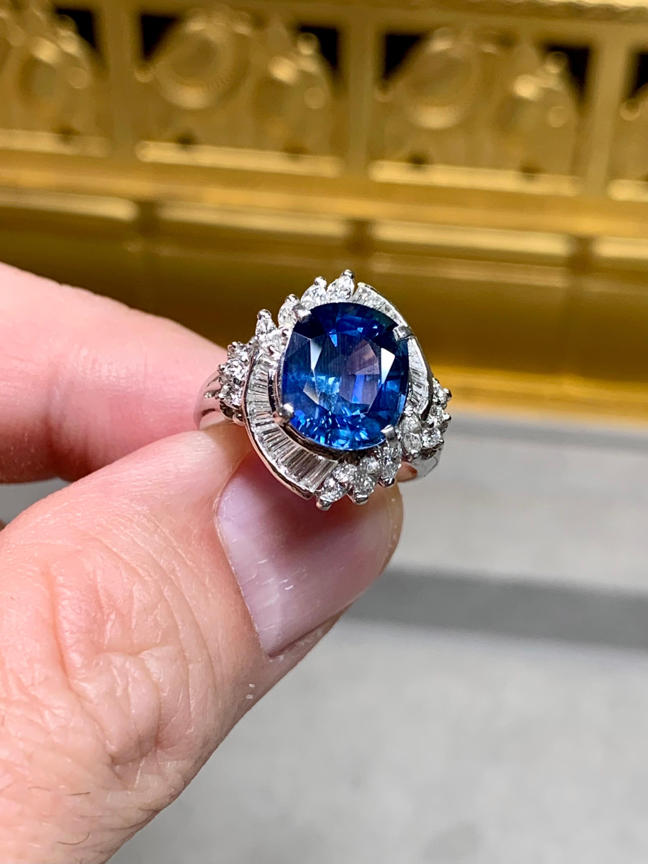 Estate Platinum Oval Sapphire Marquise Baguette Diamond Cocktail Ring 4.88ctw For Sale 1