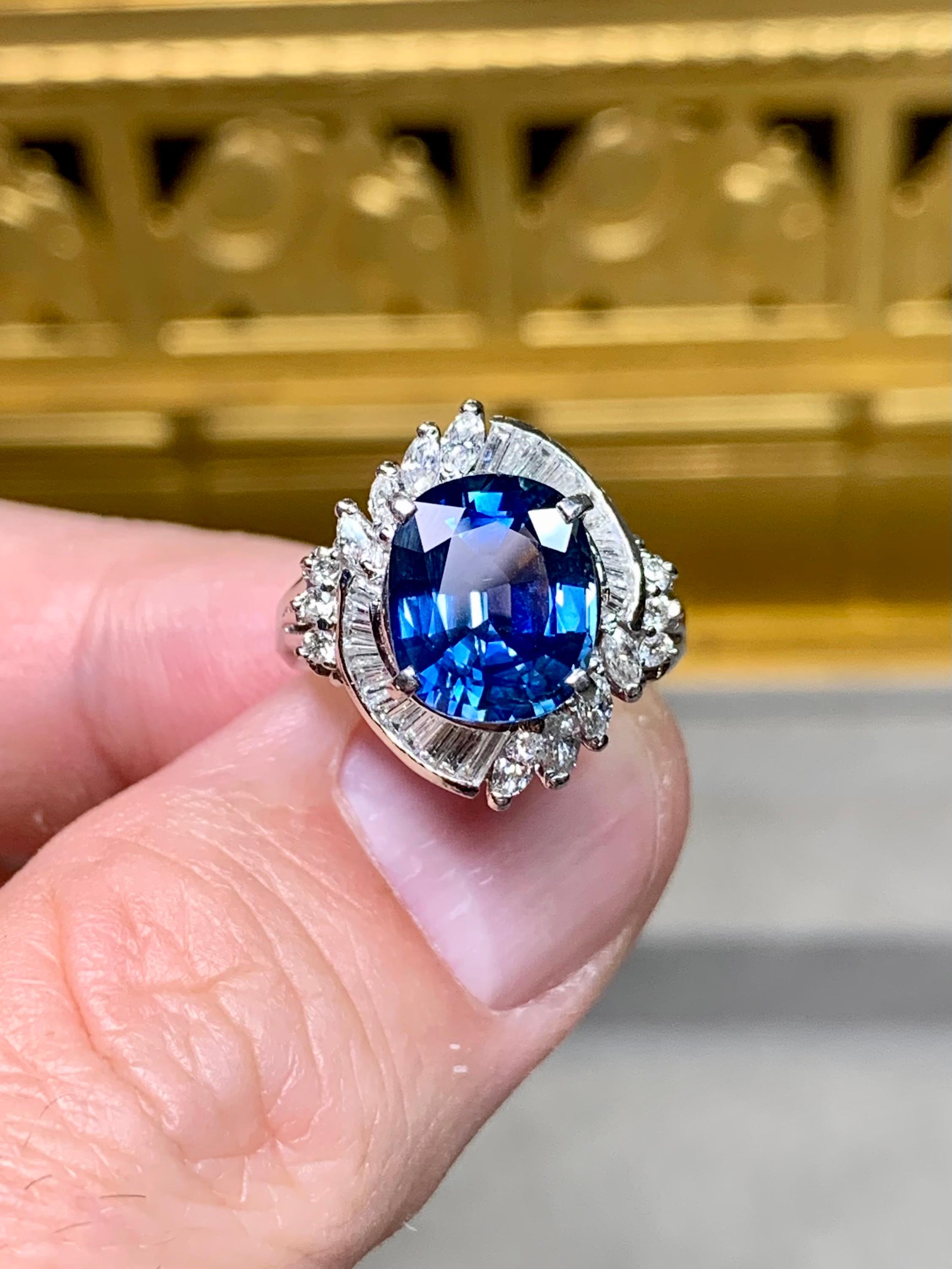 Estate Platinum Oval Sapphire Marquise Baguette Diamond Cocktail Ring 4.88ctw For Sale 2