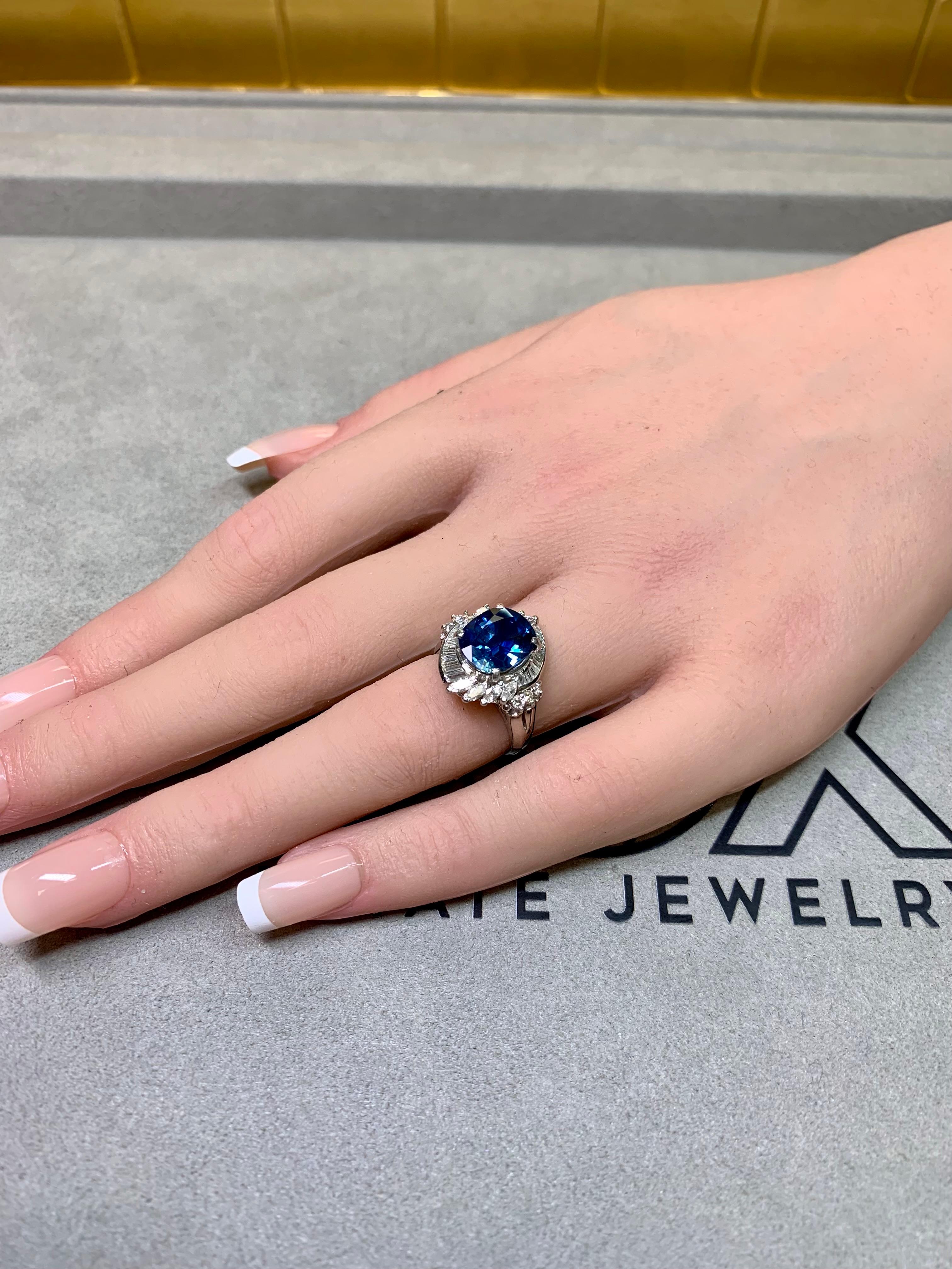 Estate Platinum Oval Sapphire Marquise Baguette Diamond Cocktail Ring 4.88ctw For Sale 3
