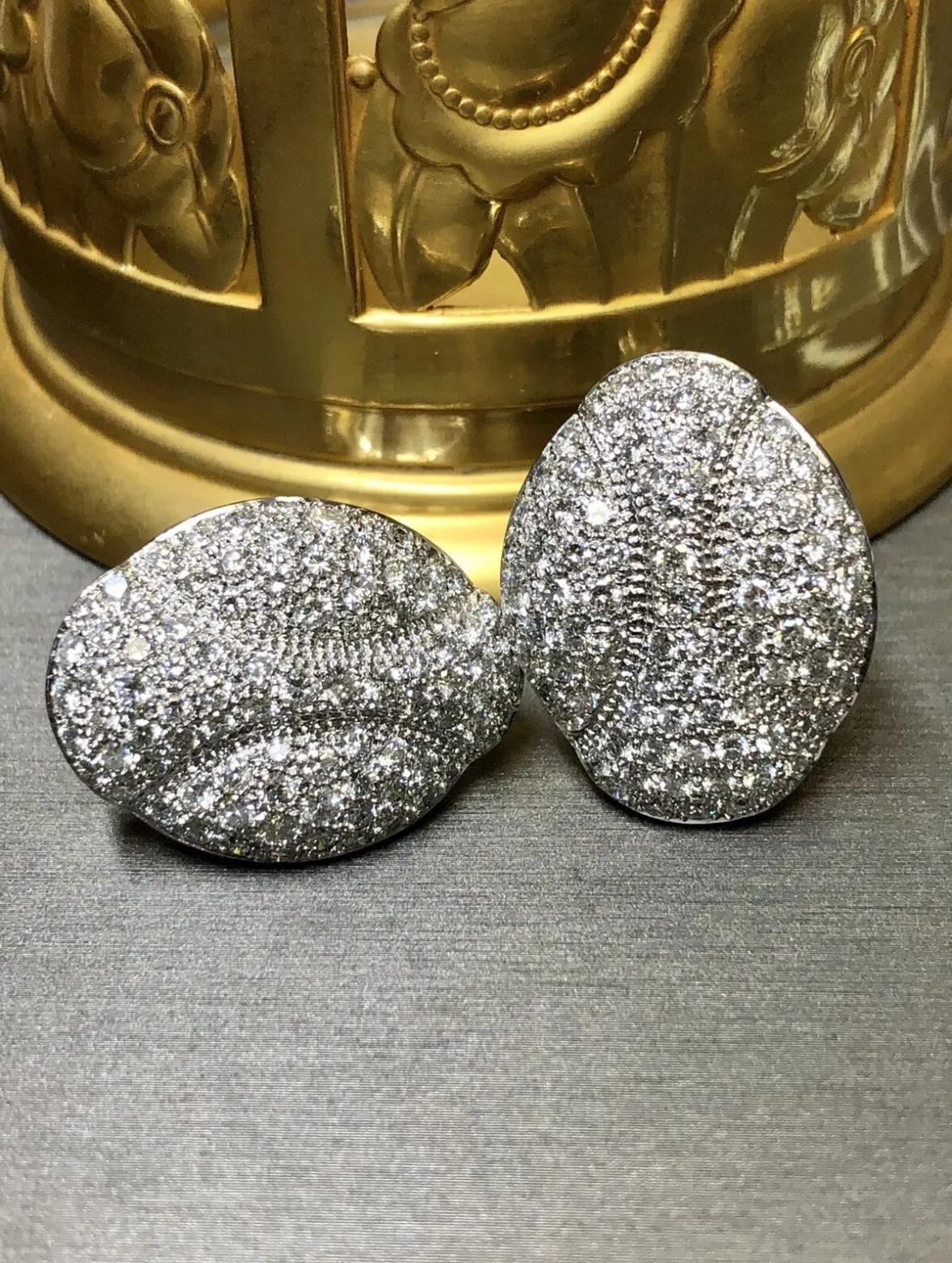 Round Cut Estate Platinum Pave Diamond Oval Huggie Omega Back Clip Earrings G Vs+ 5.50cttw For Sale