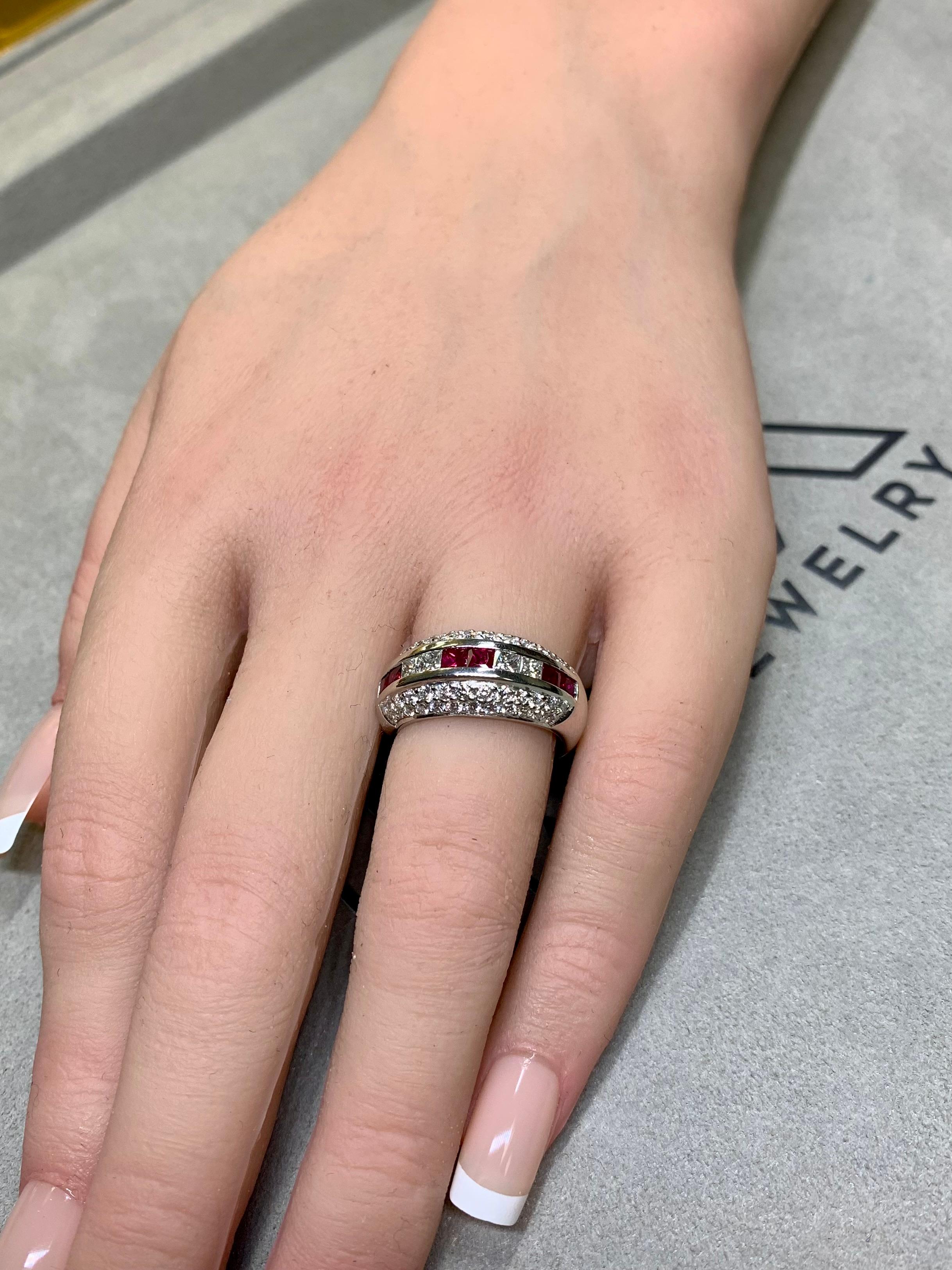 Estate Platinum Pave Round Princess Diamond Square Ruby Wide Band Ring 2.55ctw For Sale 5