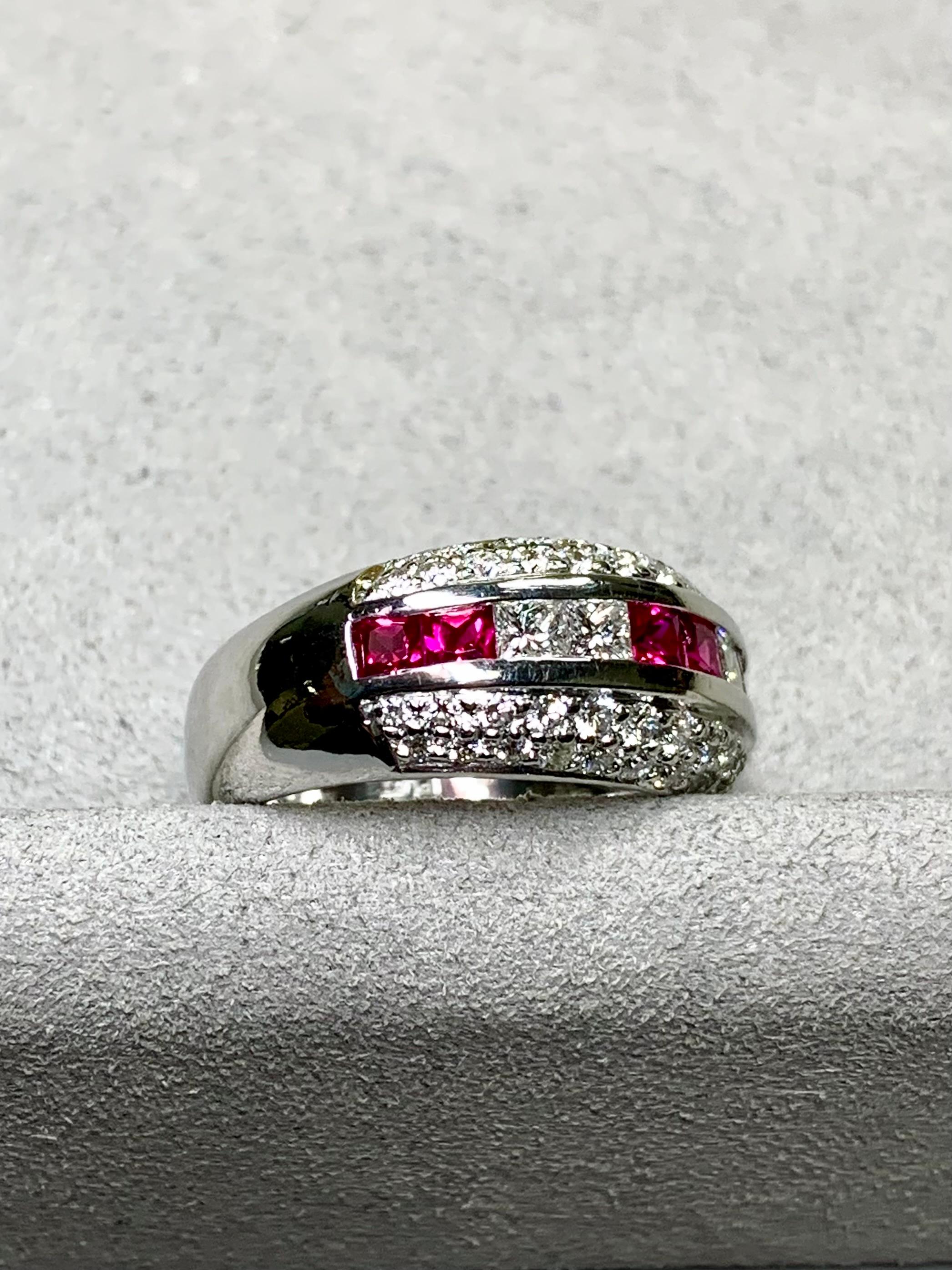 Contemporary Estate Platinum Pave Round Princess Diamond Square Ruby Wide Band Ring 2.55ctw For Sale