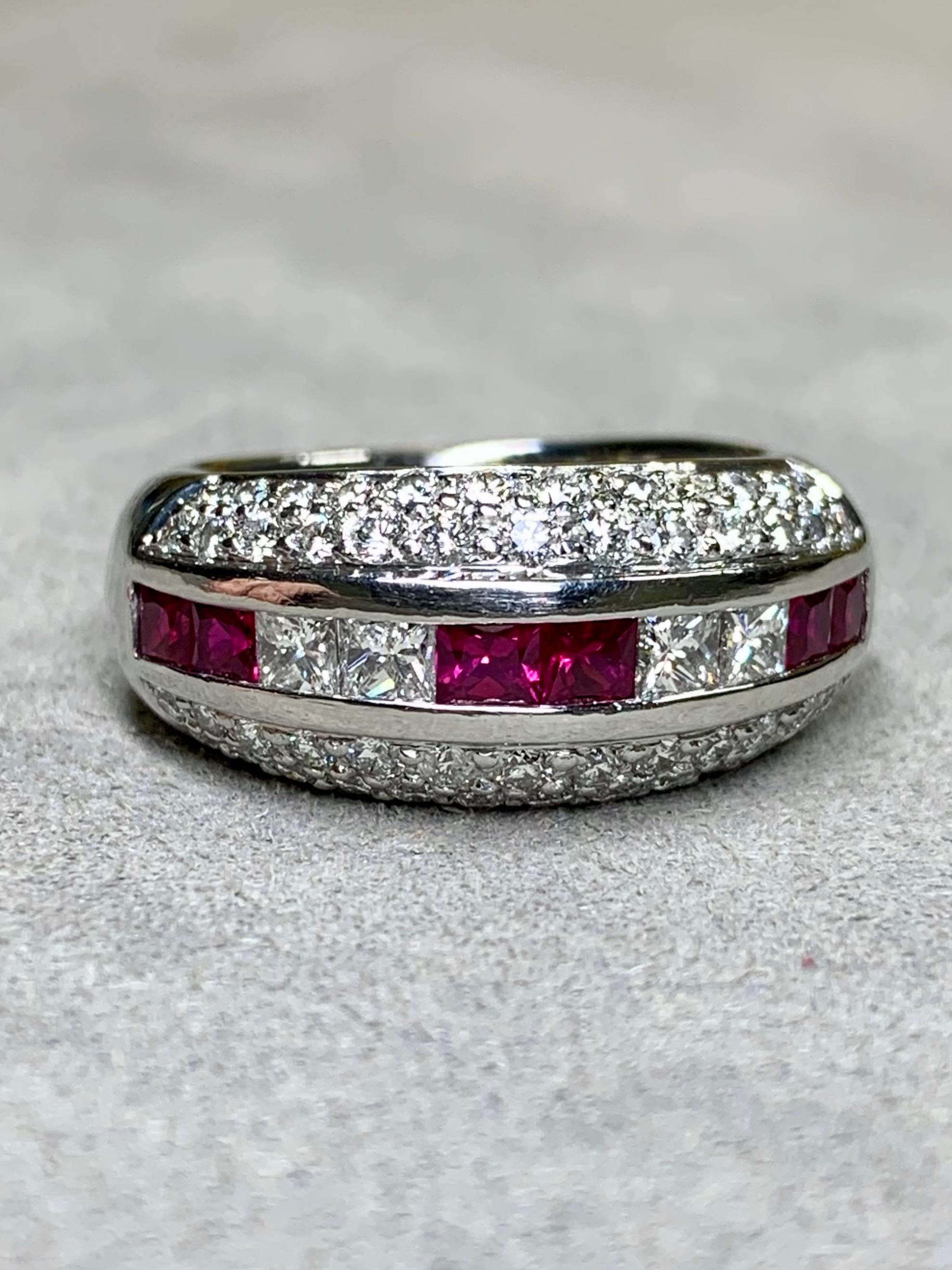 Princess Cut Estate Platinum Pave Round Princess Diamond Square Ruby Wide Band Ring 2.55ctw For Sale