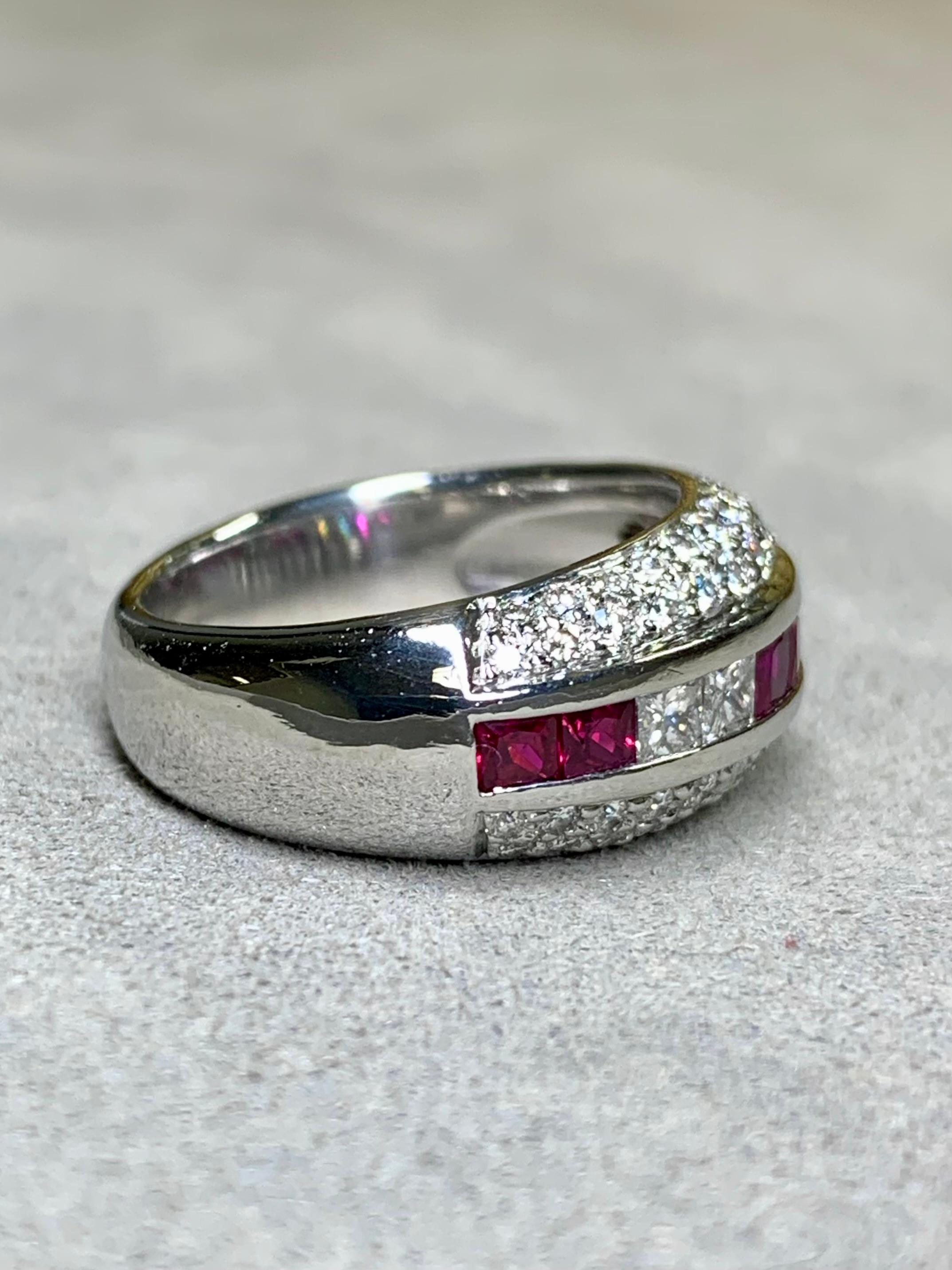 Estate Platinum Pave Round Princess Diamond Square Ruby Wide Band Ring 2.55ctw In Excellent Condition For Sale In Winter Springs, FL