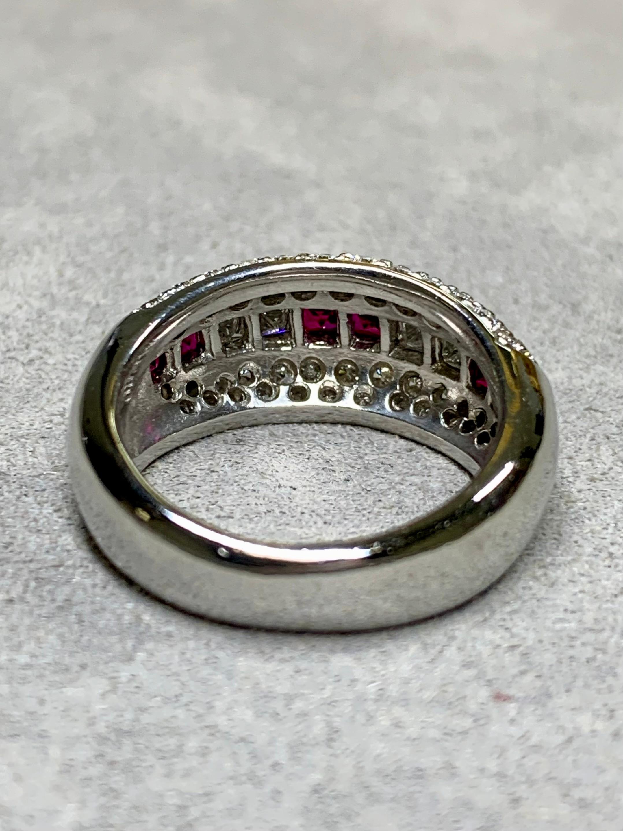 Women's or Men's Estate Platinum Pave Round Princess Diamond Square Ruby Wide Band Ring 2.55ctw For Sale