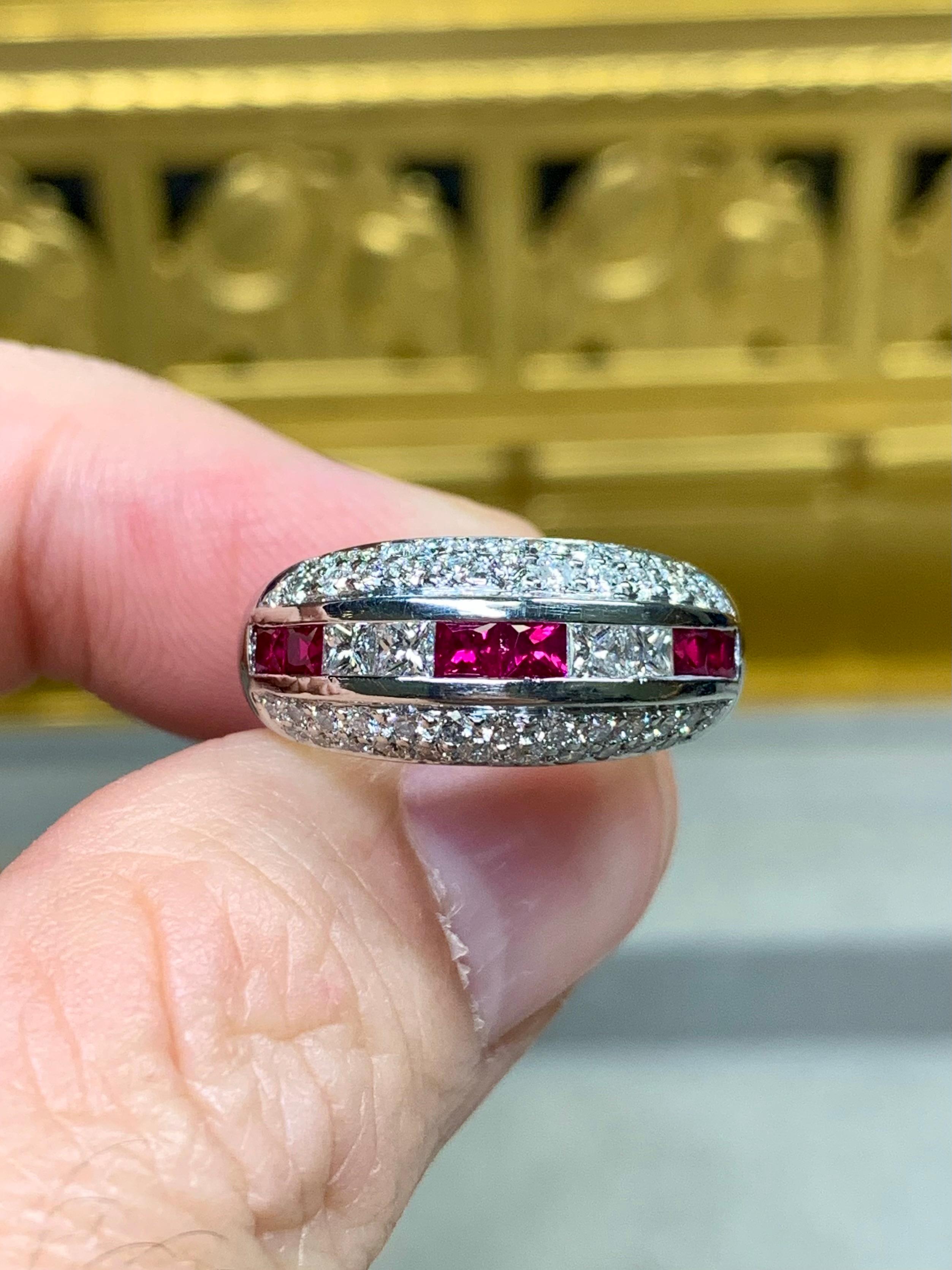 Estate Platinum Pave Round Princess Diamond Square Ruby Wide Band Ring 2.55ctw For Sale 1