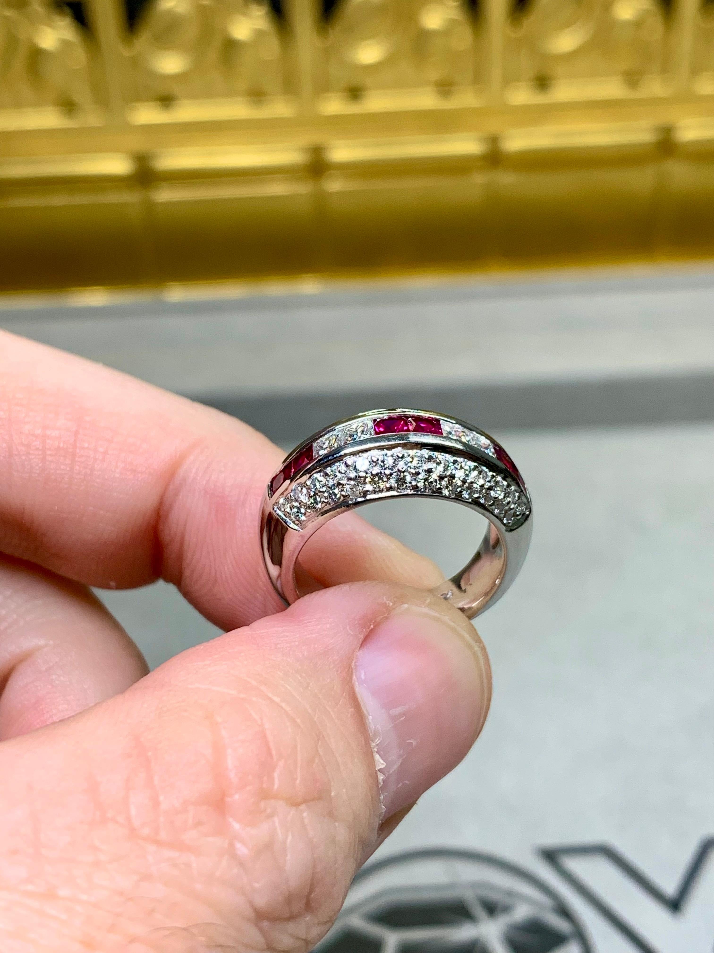 Estate Platinum Pave Round Princess Diamond Square Ruby Wide Band Ring 2.55ctw For Sale 2