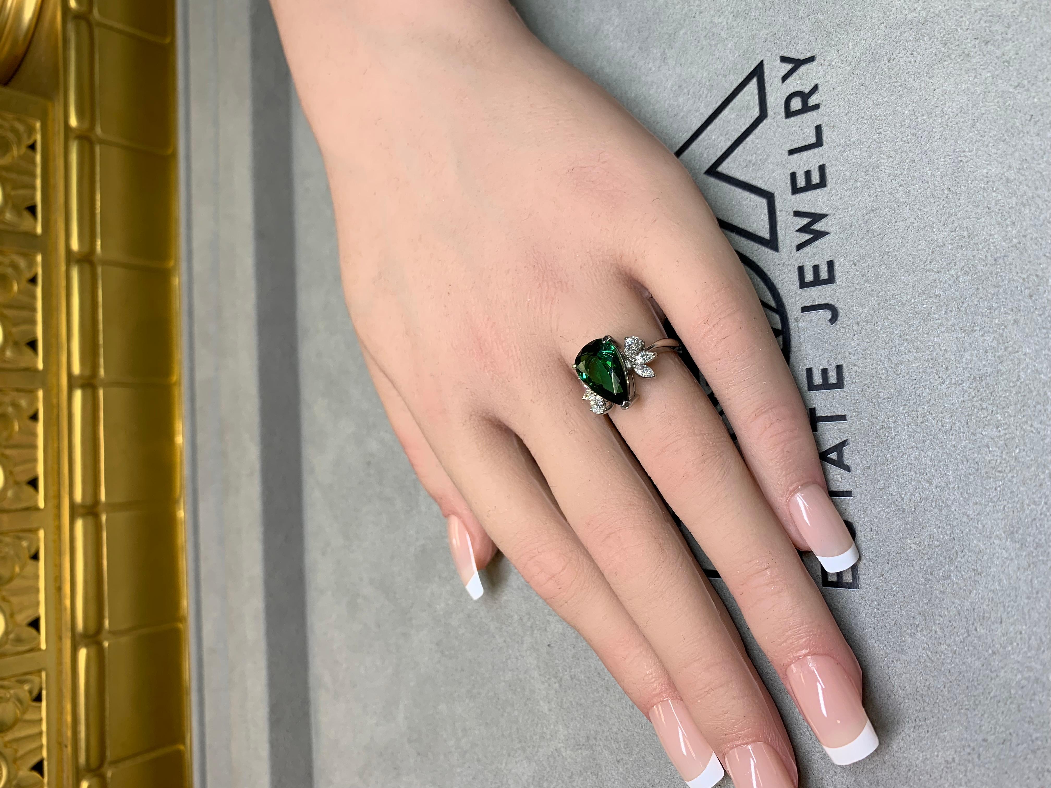 Estate Platinum Pear Green Tourmaline Marquise Diamond Cluster Cocktail Ring For Sale 4