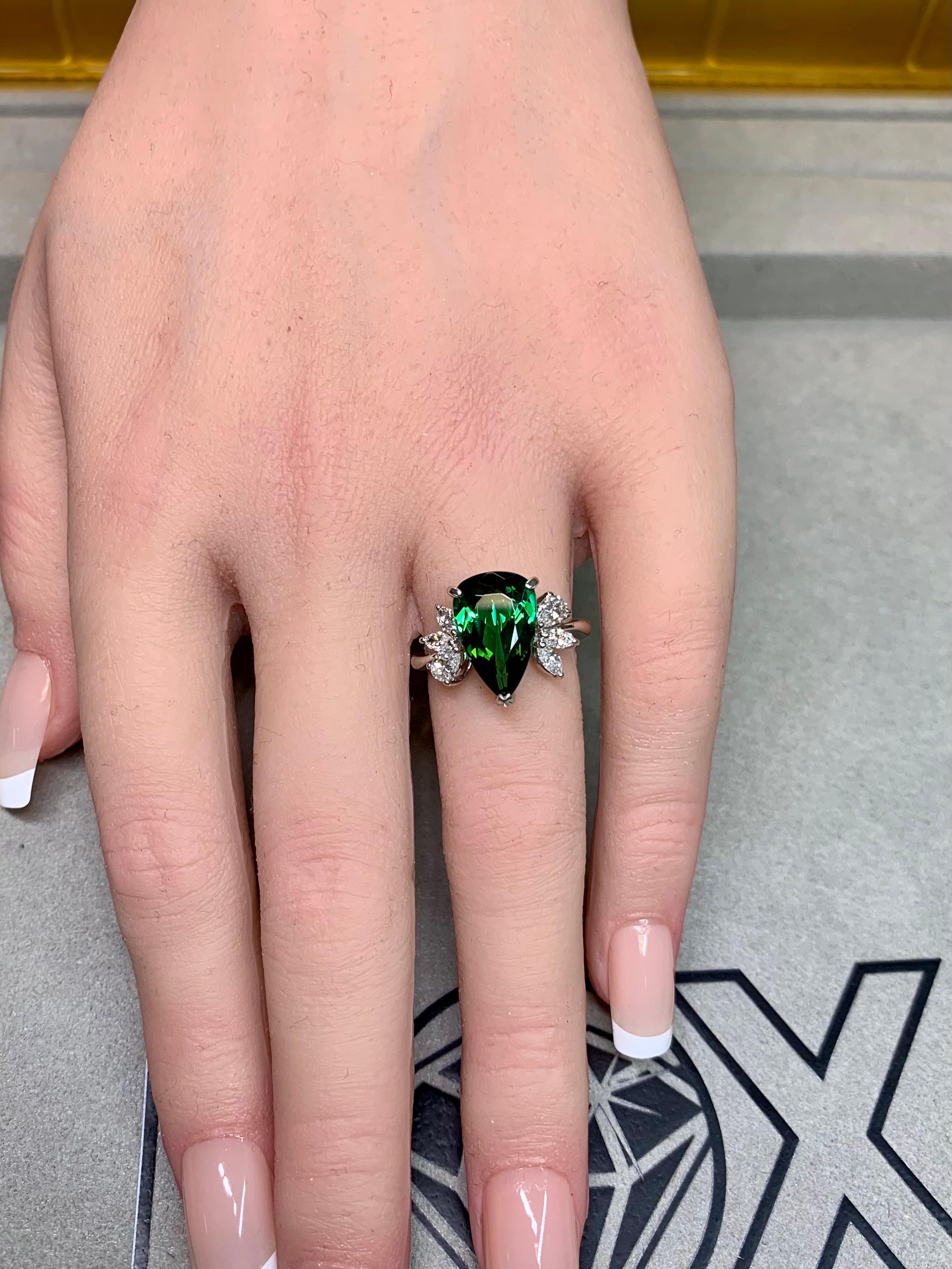 Estate Platinum Pear Green Tourmaline Marquise Diamond Cluster Cocktail Ring For Sale 5