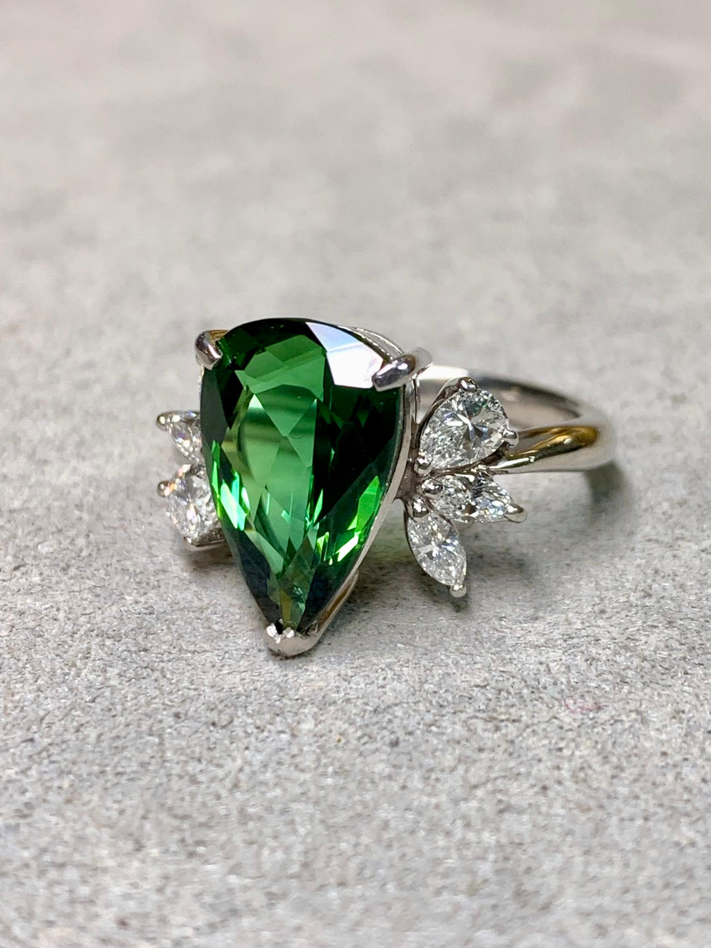 Contemporary Estate Platinum Pear Green Tourmaline Marquise Diamond Cluster Cocktail Ring For Sale