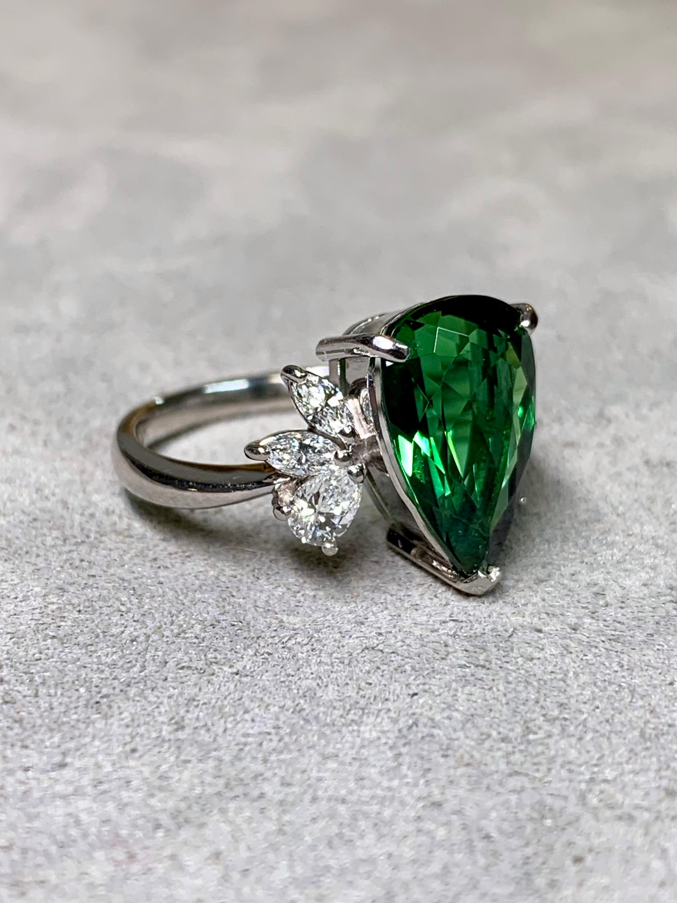 Pear Cut Estate Platinum Pear Green Tourmaline Marquise Diamond Cluster Cocktail Ring For Sale