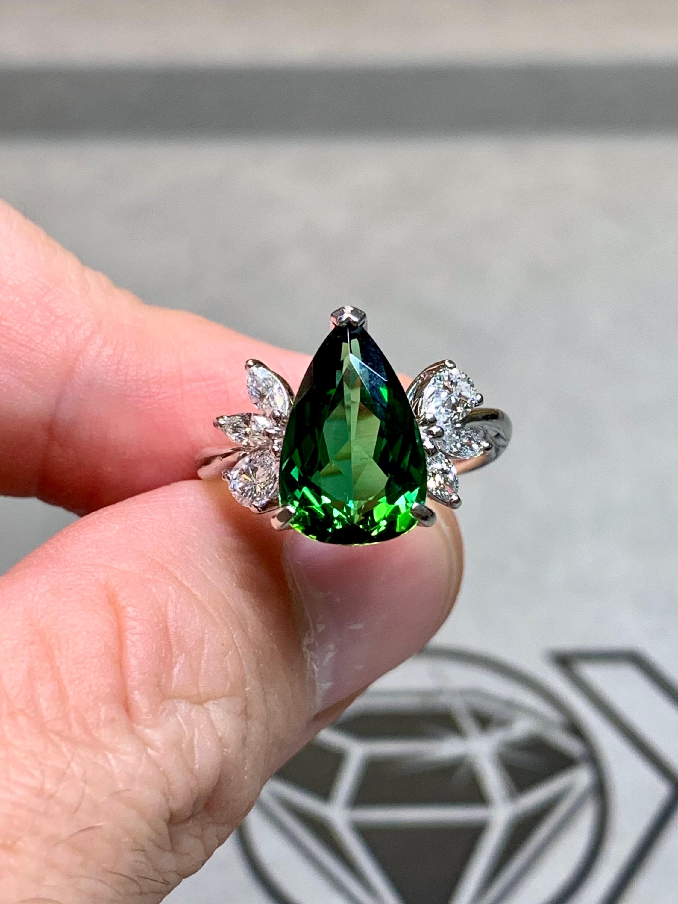 Women's or Men's Estate Platinum Pear Green Tourmaline Marquise Diamond Cluster Cocktail Ring For Sale
