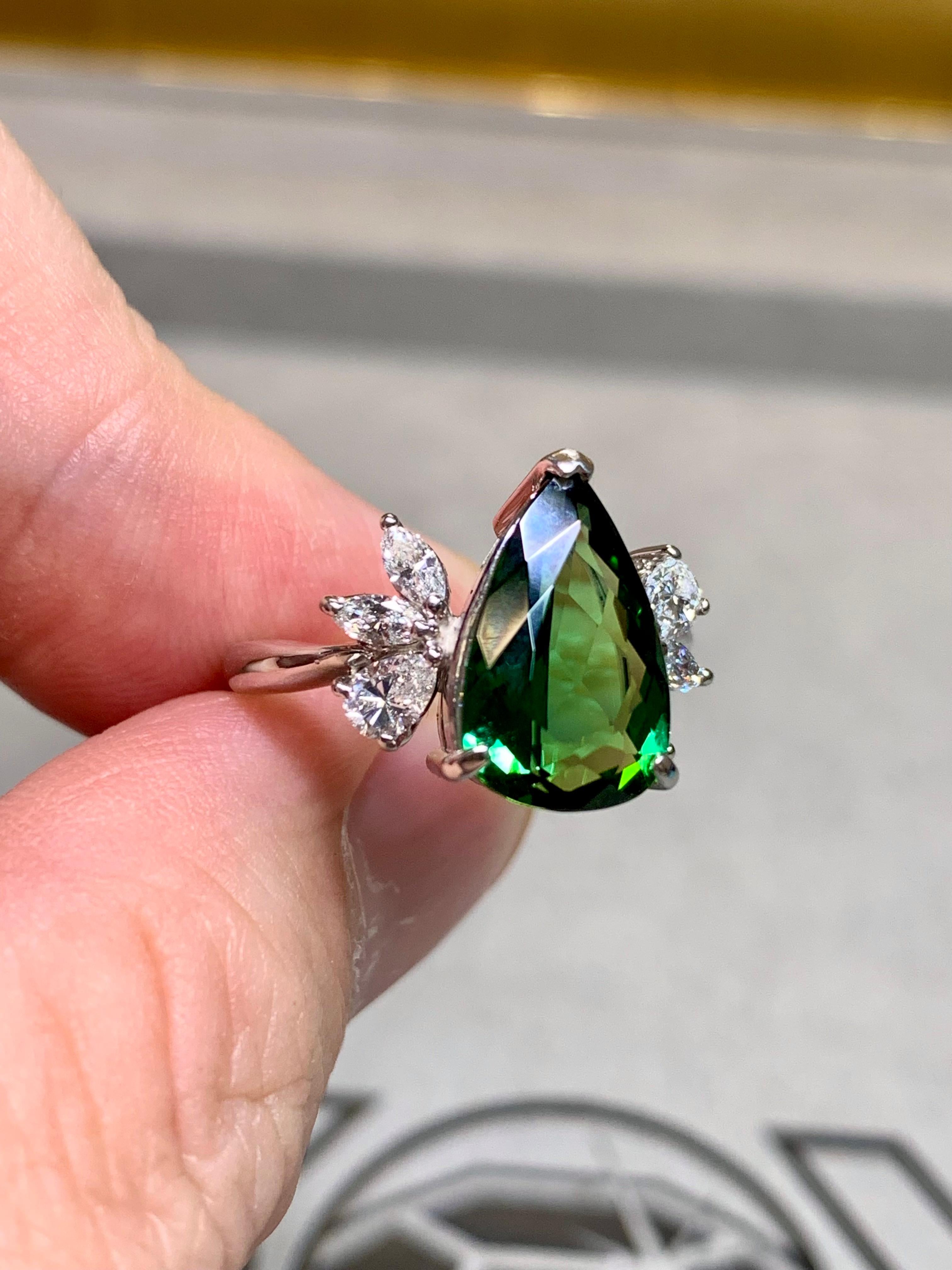 Estate Platinum Pear Green Tourmaline Marquise Diamond Cluster Cocktail Ring For Sale 1
