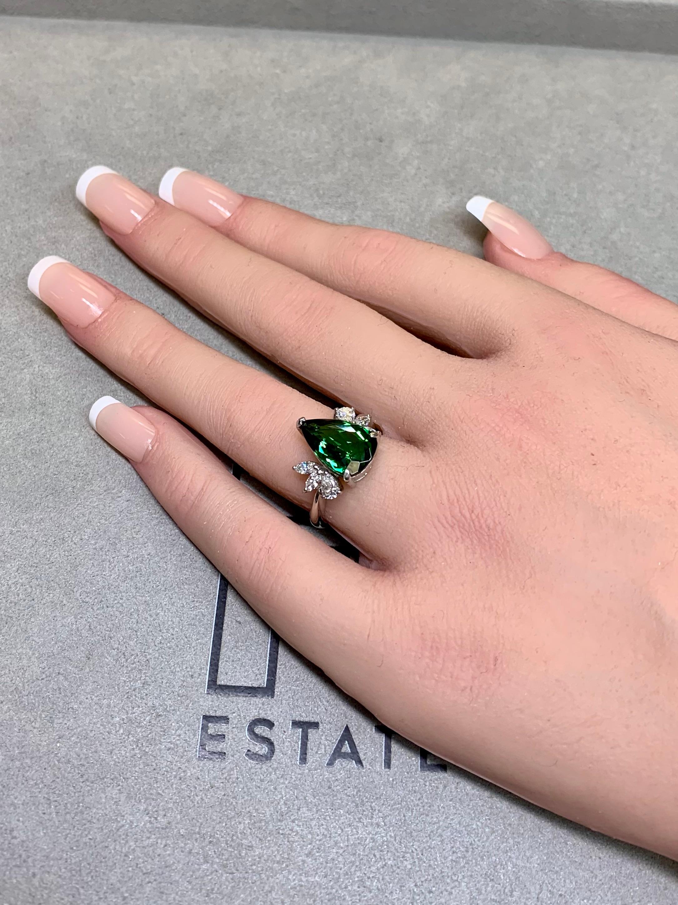 Estate Platinum Pear Green Tourmaline Marquise Diamond Cluster Cocktail Ring For Sale 2