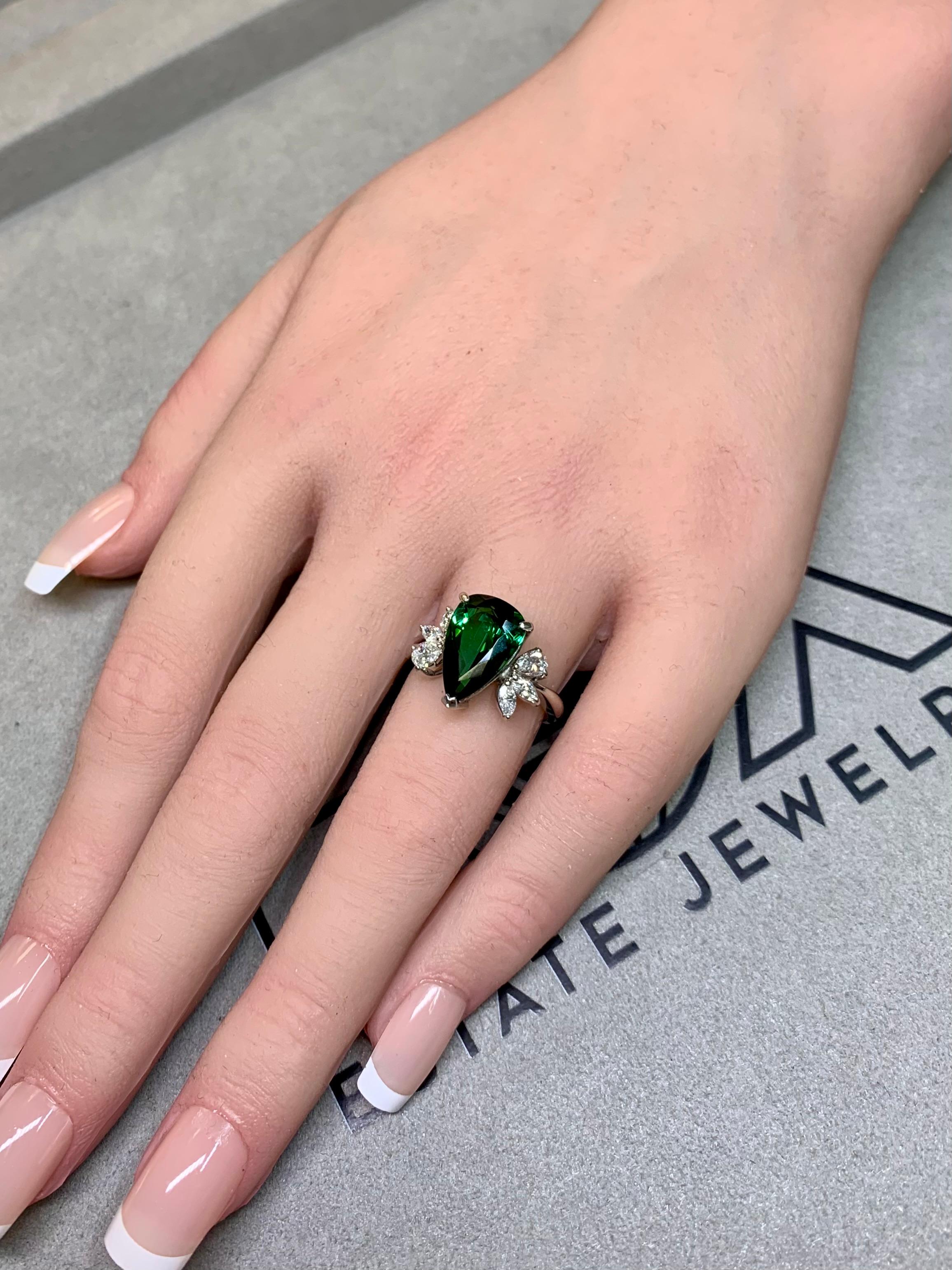Estate Platinum Pear Green Tourmaline Marquise Diamond Cluster Cocktail Ring For Sale 3