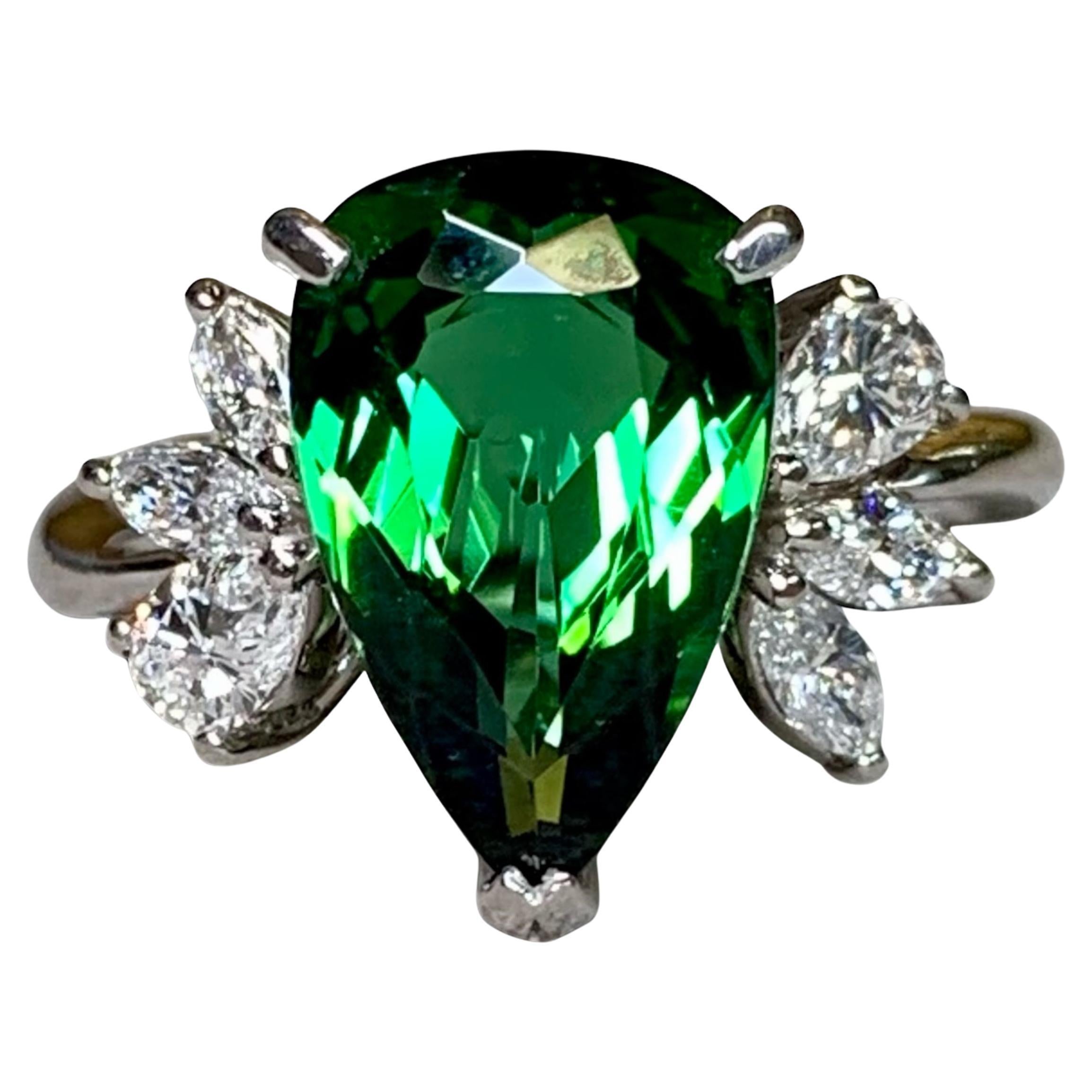 Estate Platinum Pear Green Tourmaline Marquise Diamond Cluster Cocktail Ring For Sale