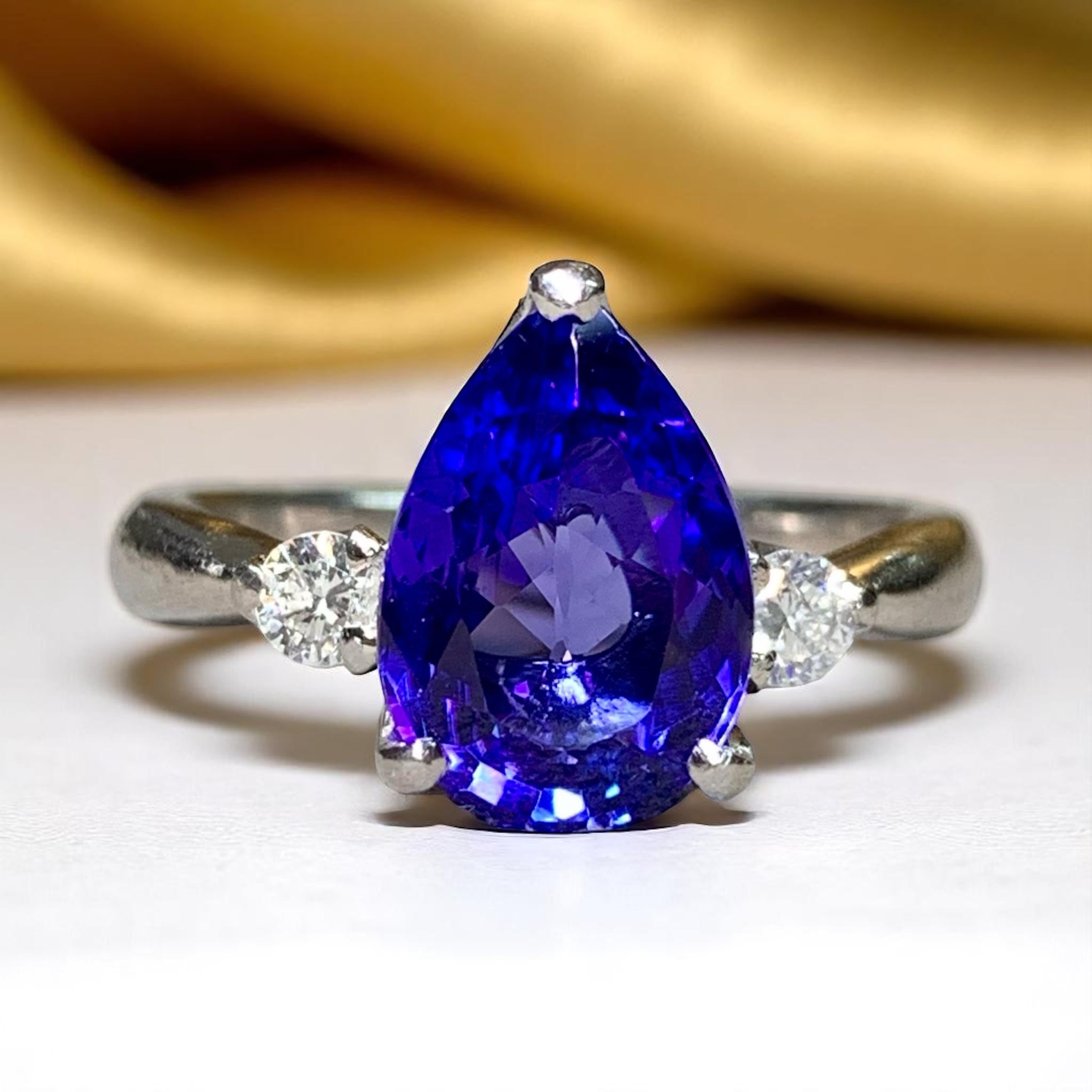 Estate Platinum Pear Tanzanite Diamond Three Stone Ring 3.75ctw Sz 7.75 For Sale 4