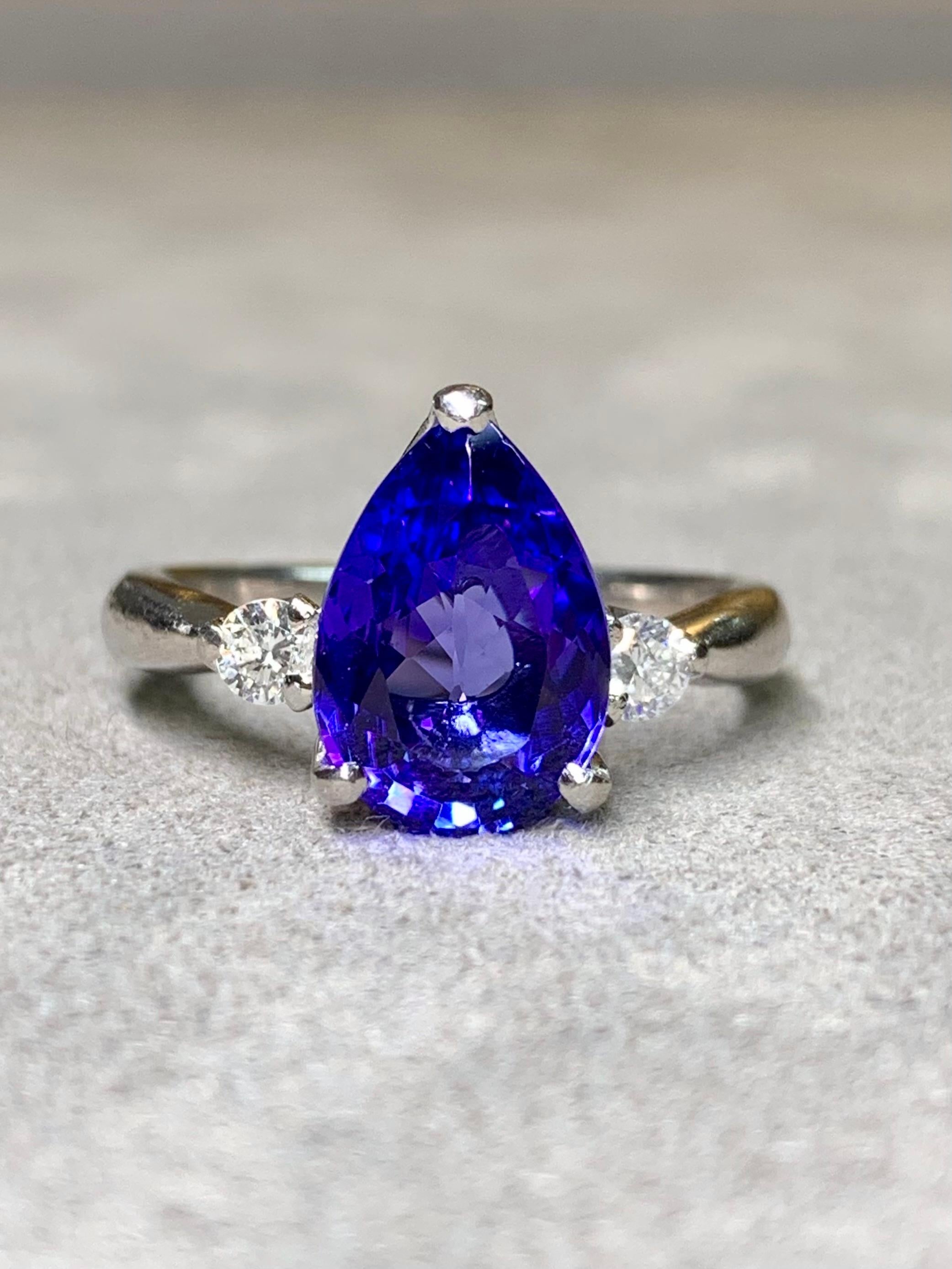 Contemporary Estate Platinum Pear Tanzanite Diamond Three Stone Ring 3.75ctw Sz 7.75 For Sale