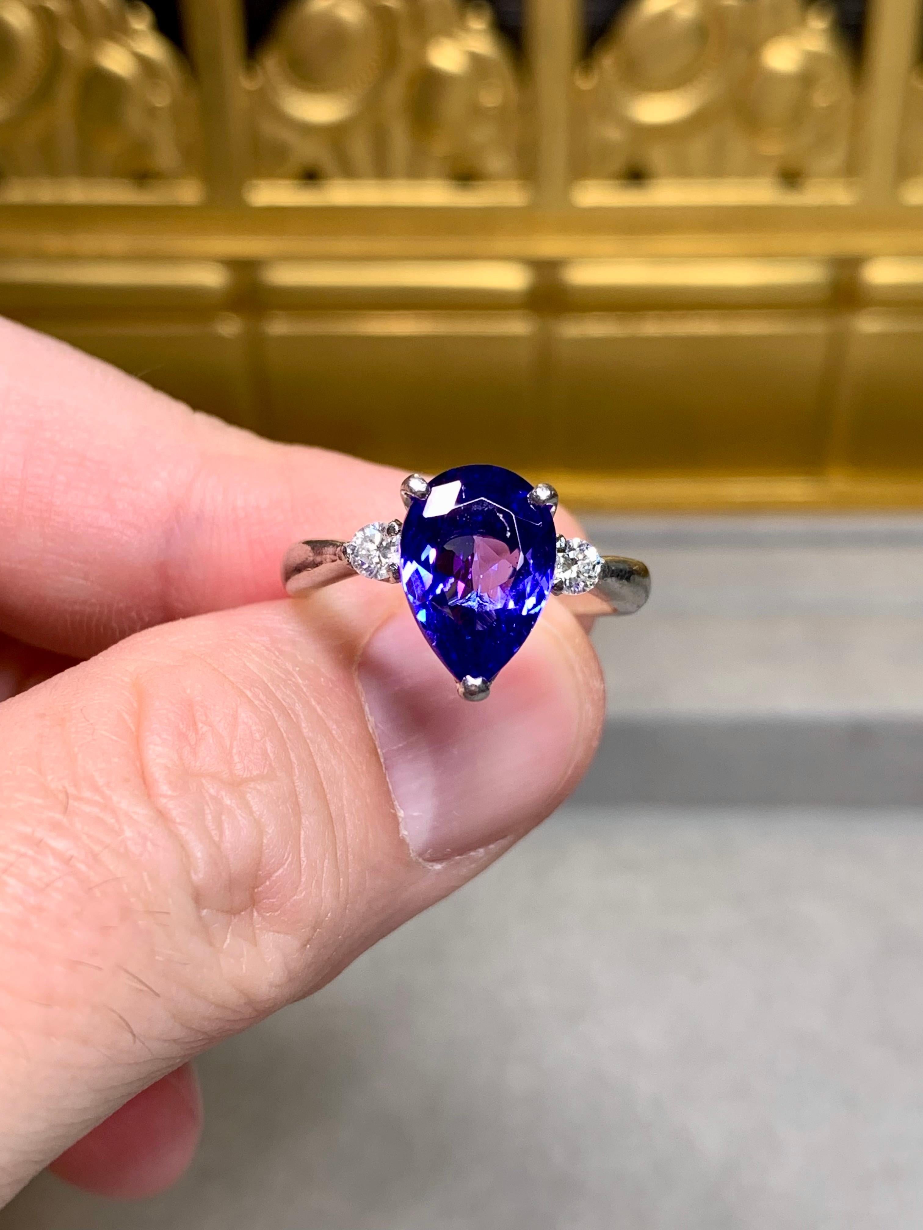 Pear Cut Estate Platinum Pear Tanzanite Diamond Three Stone Ring 3.75ctw Sz 7.75 For Sale