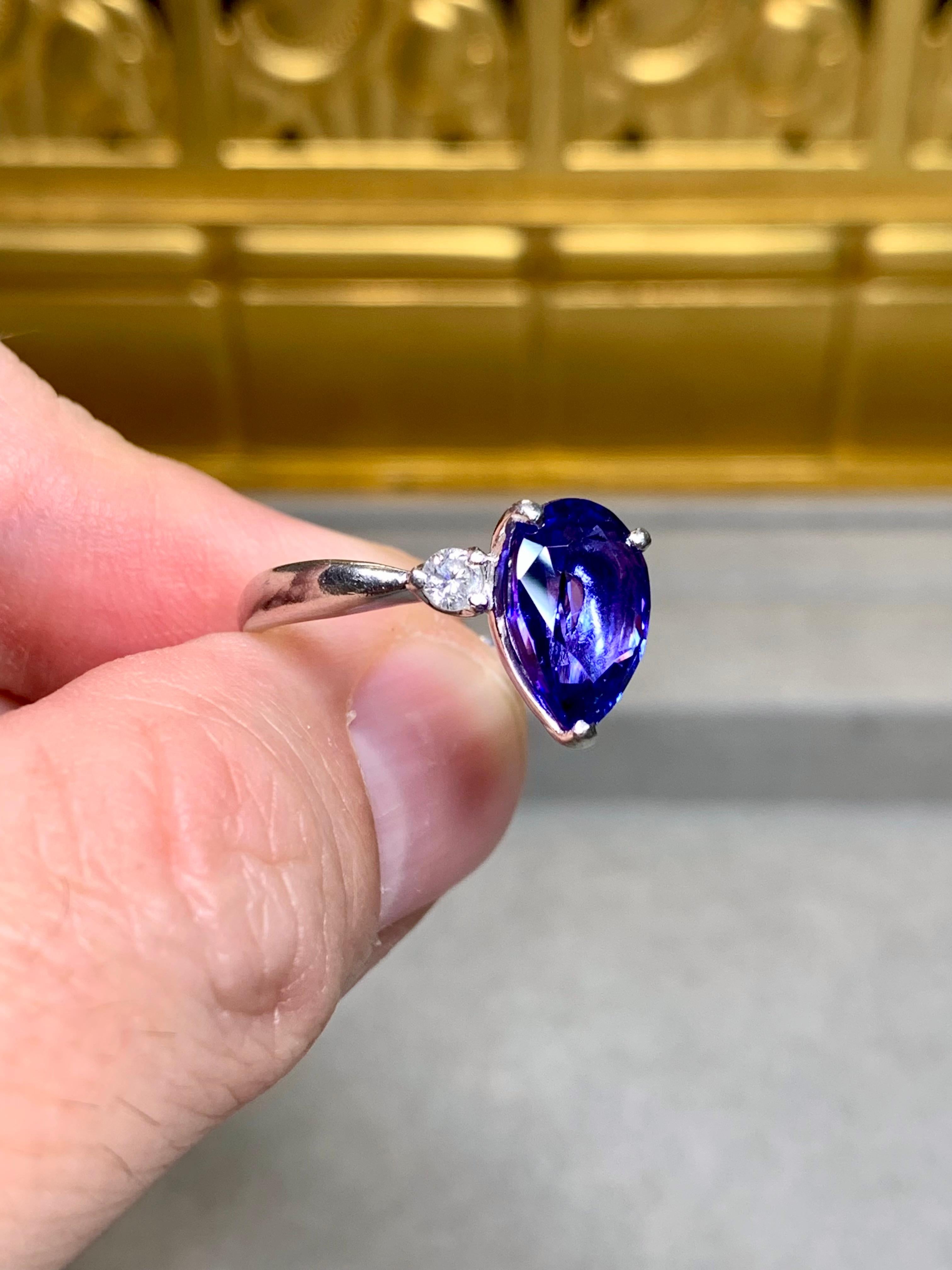 Women's or Men's Estate Platinum Pear Tanzanite Diamond Three Stone Ring 3.75ctw Sz 7.75 For Sale