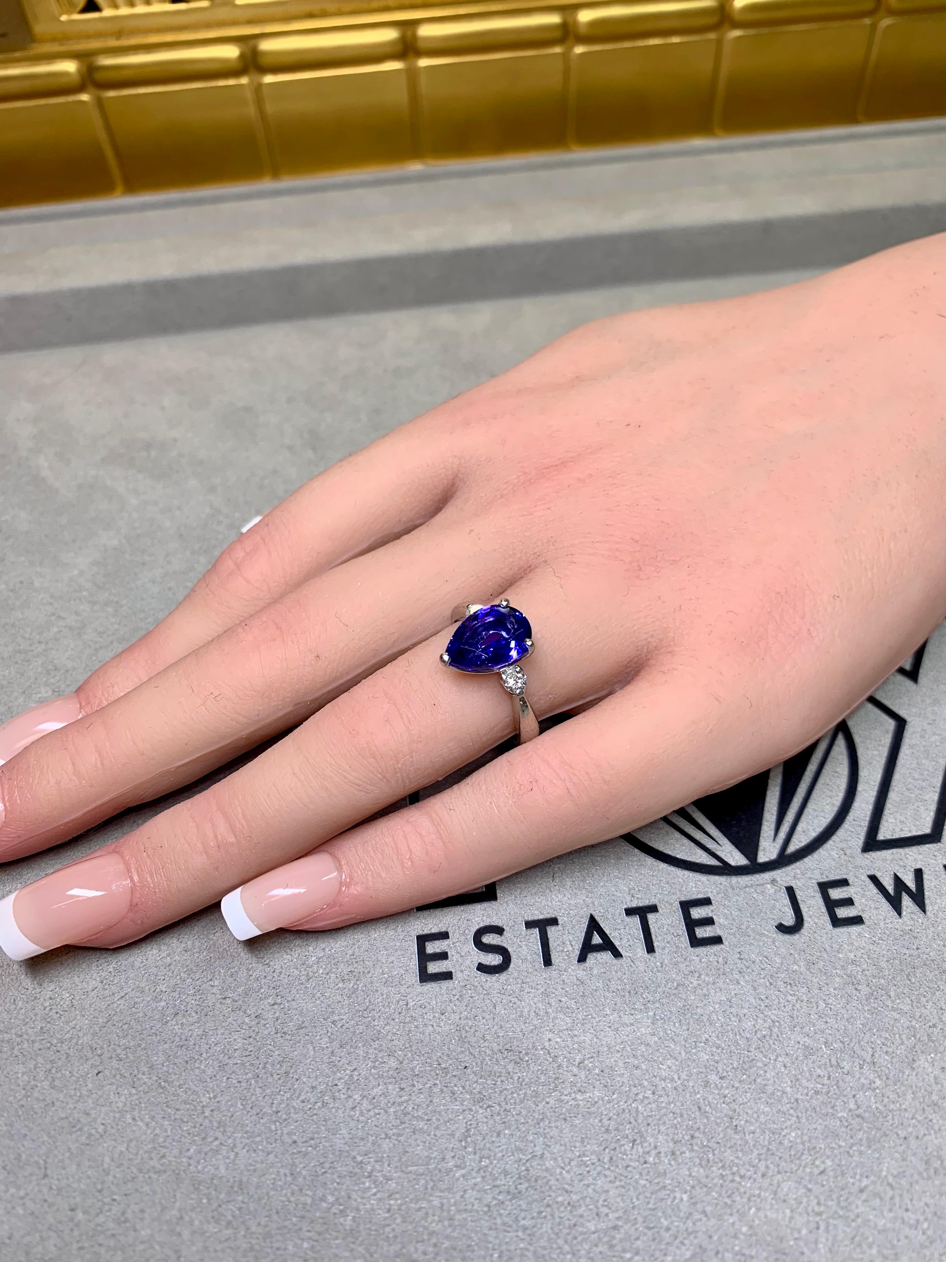 Estate Platinum Pear Tanzanite Diamond Three Stone Ring 3.75ctw Sz 7.75 For Sale 1