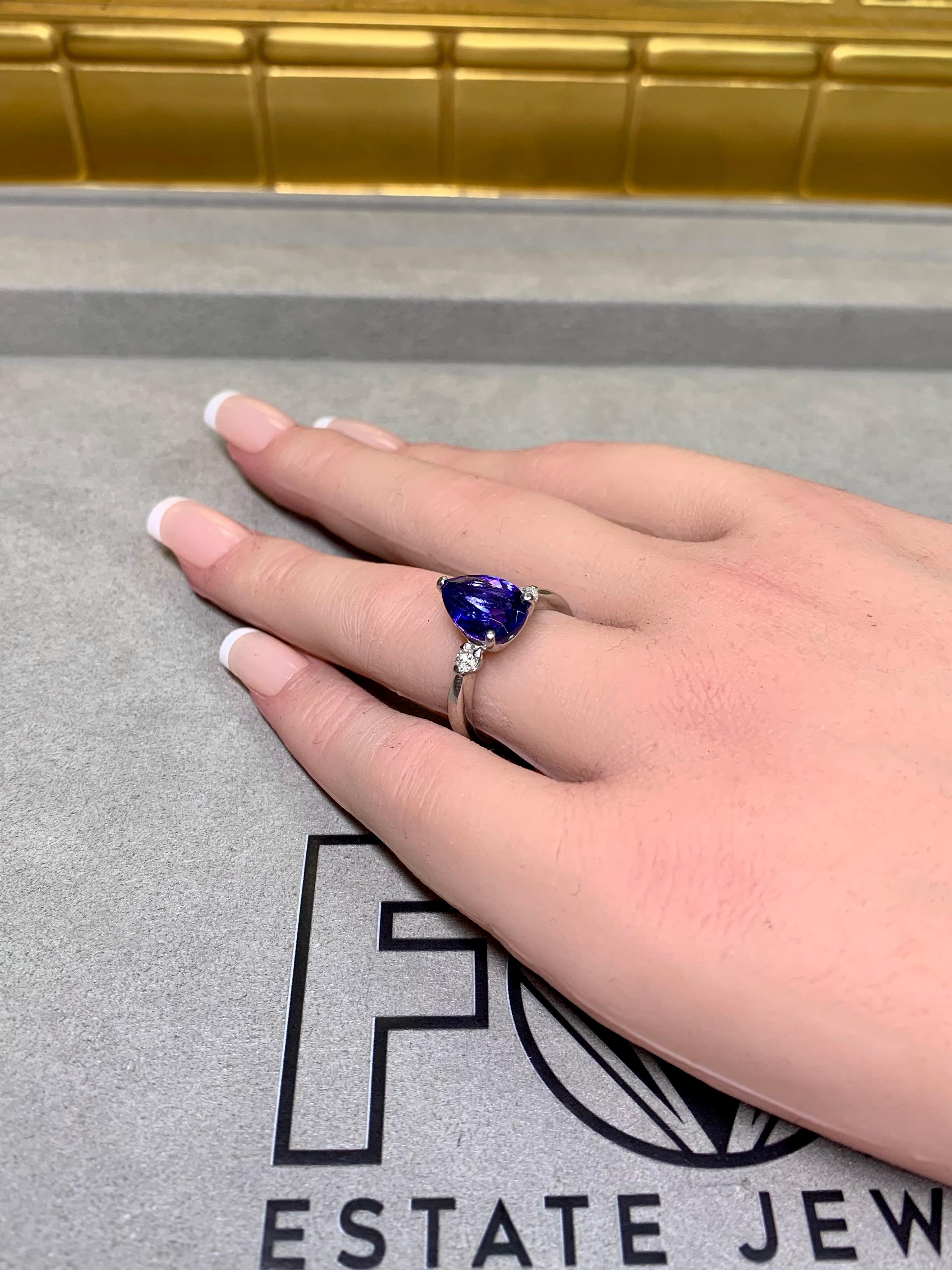 Estate Platinum Pear Tanzanite Diamond Three Stone Ring 3.75ctw Sz 7.75 For Sale 2