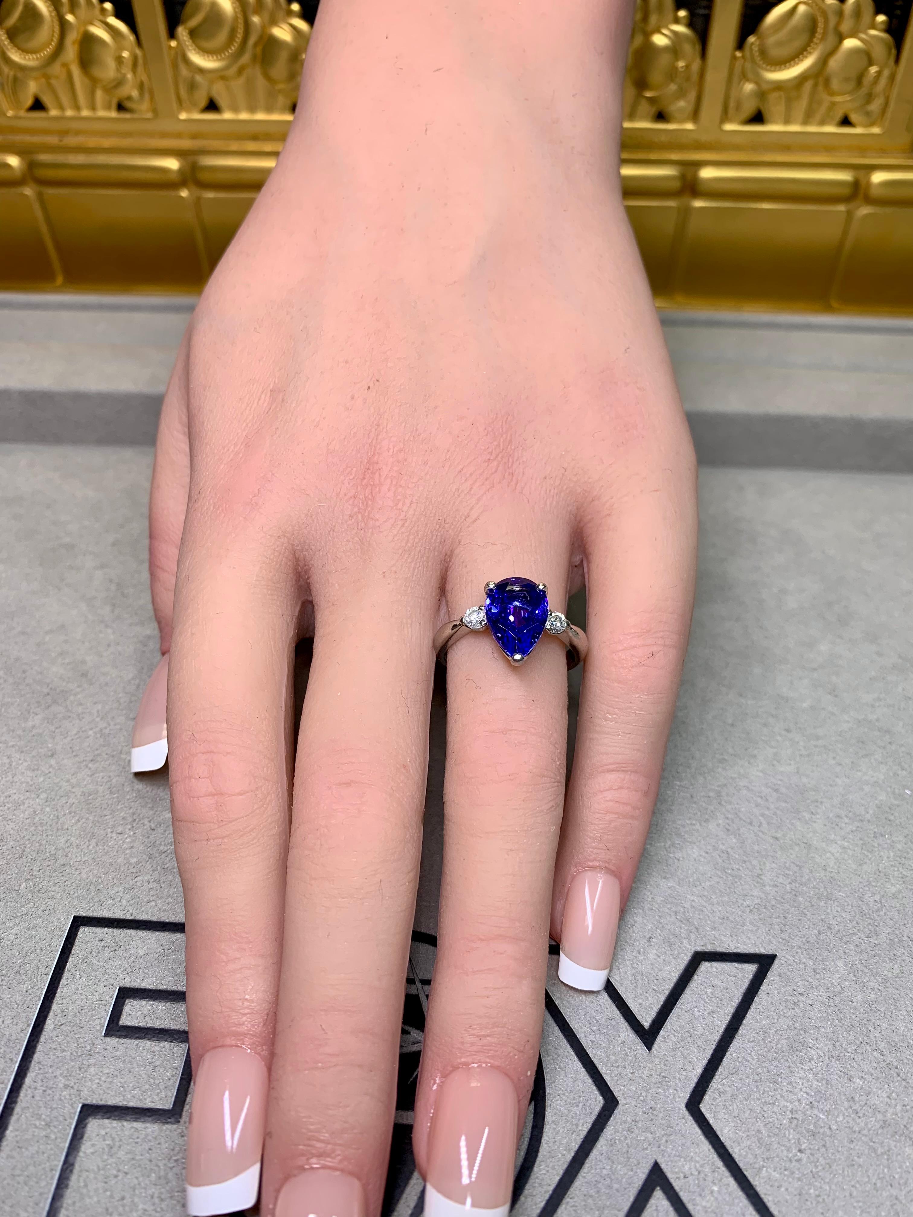 Estate Platinum Pear Tanzanite Diamond Three Stone Ring 3.75ctw Sz 7.75 For Sale 3
