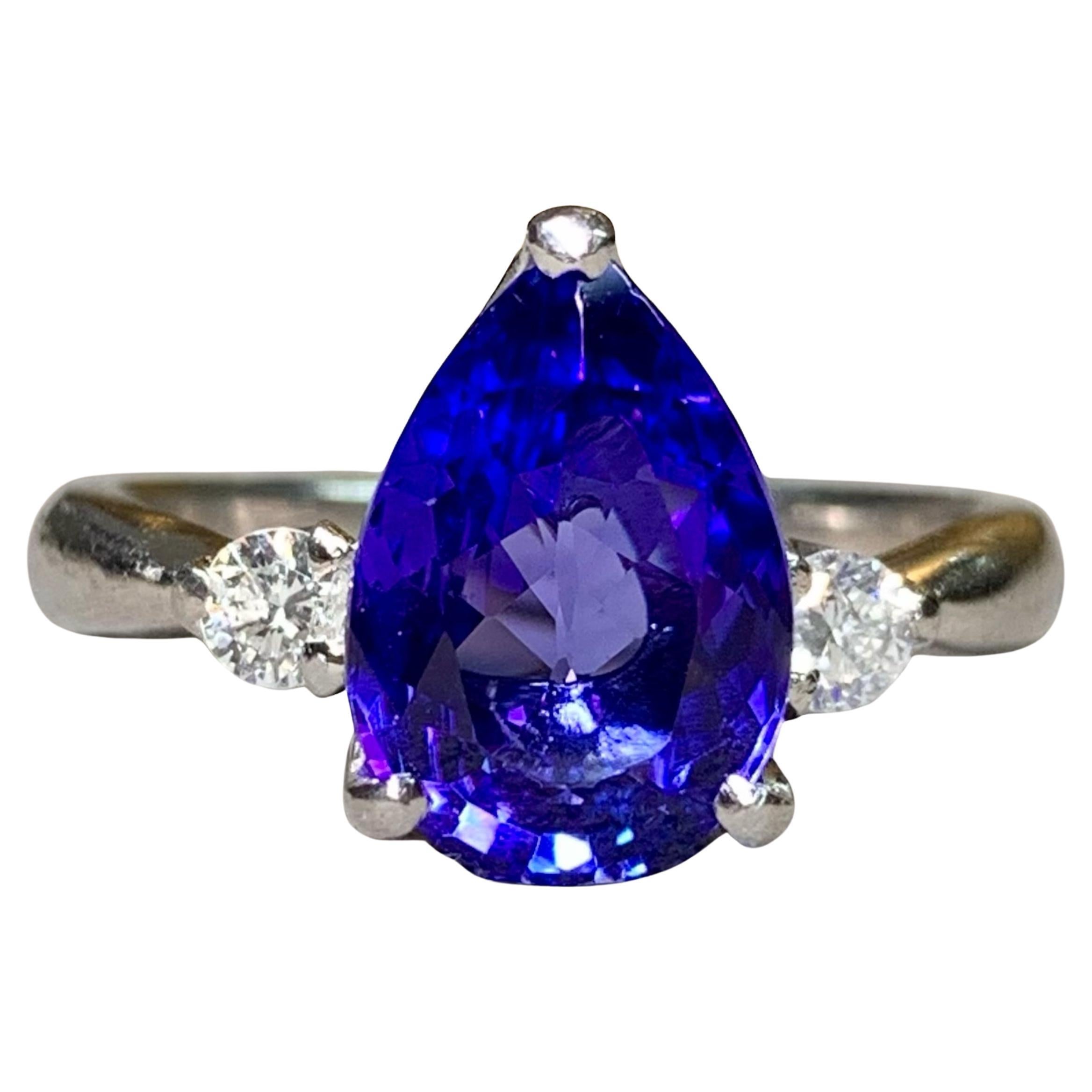 Estate Platinum Pear Tanzanite Diamond Three Stone Ring 3.75ctw Sz 7.75 For Sale