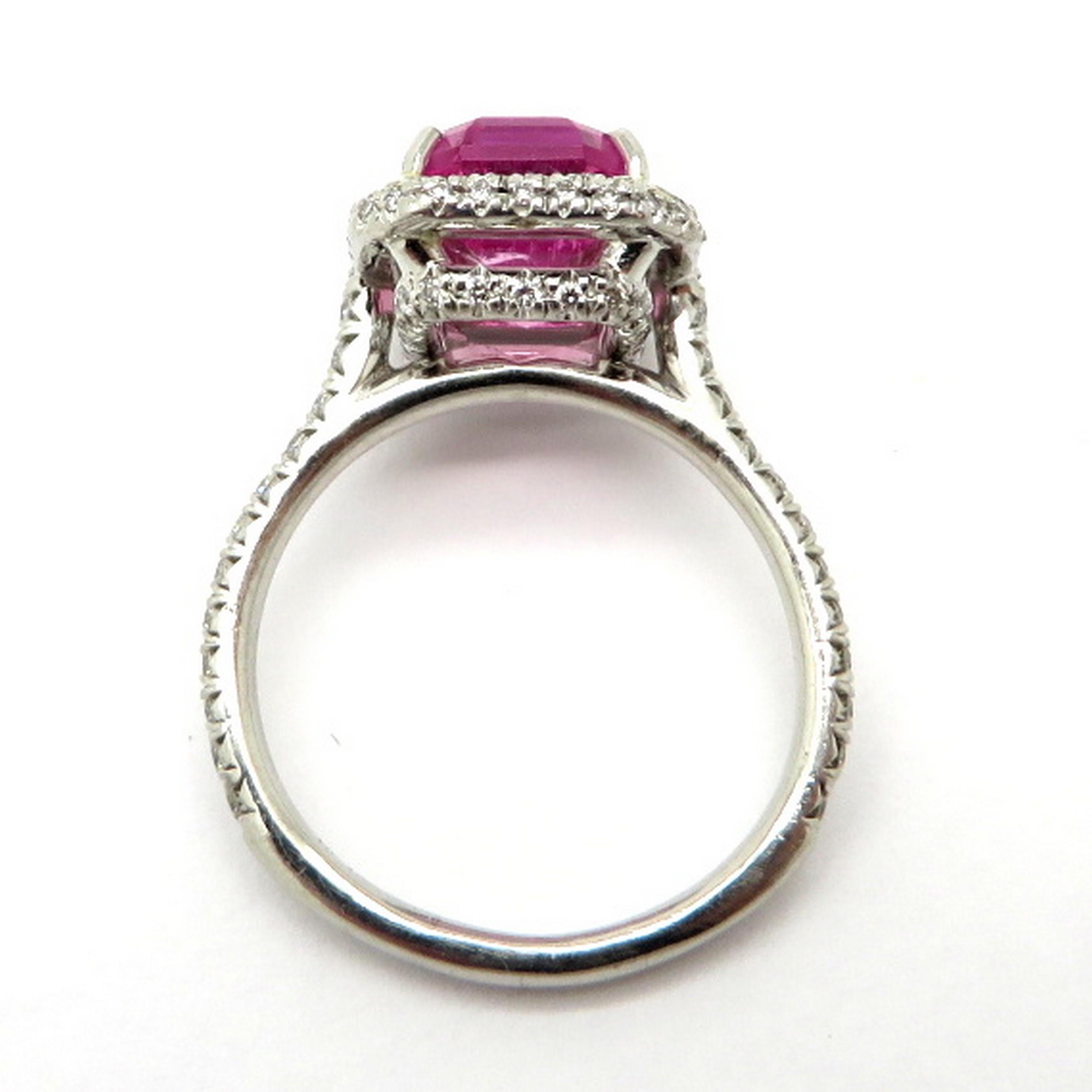 Emerald Cut Estate Platinum Pink Tourmaline and Diamond Fashion Ring For Sale