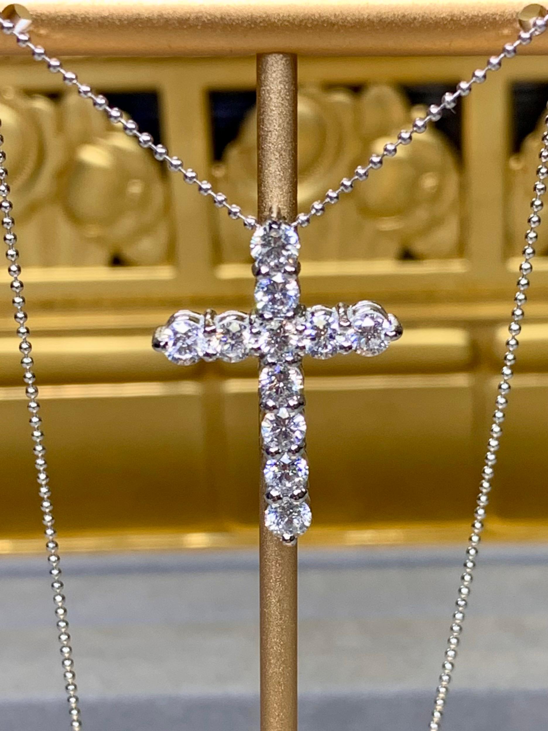 Estate Platinum Prong Set Diamond Cross Pendant Necklace 1.50ctw For Sale 1