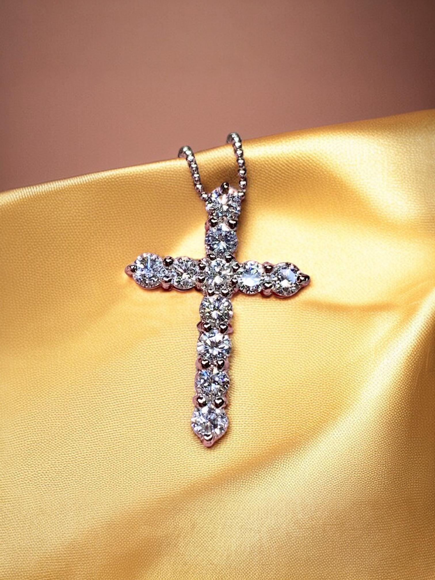 Estate Platinum Prong Set Diamond Cross Pendant Necklace 1.50ctw For Sale 2