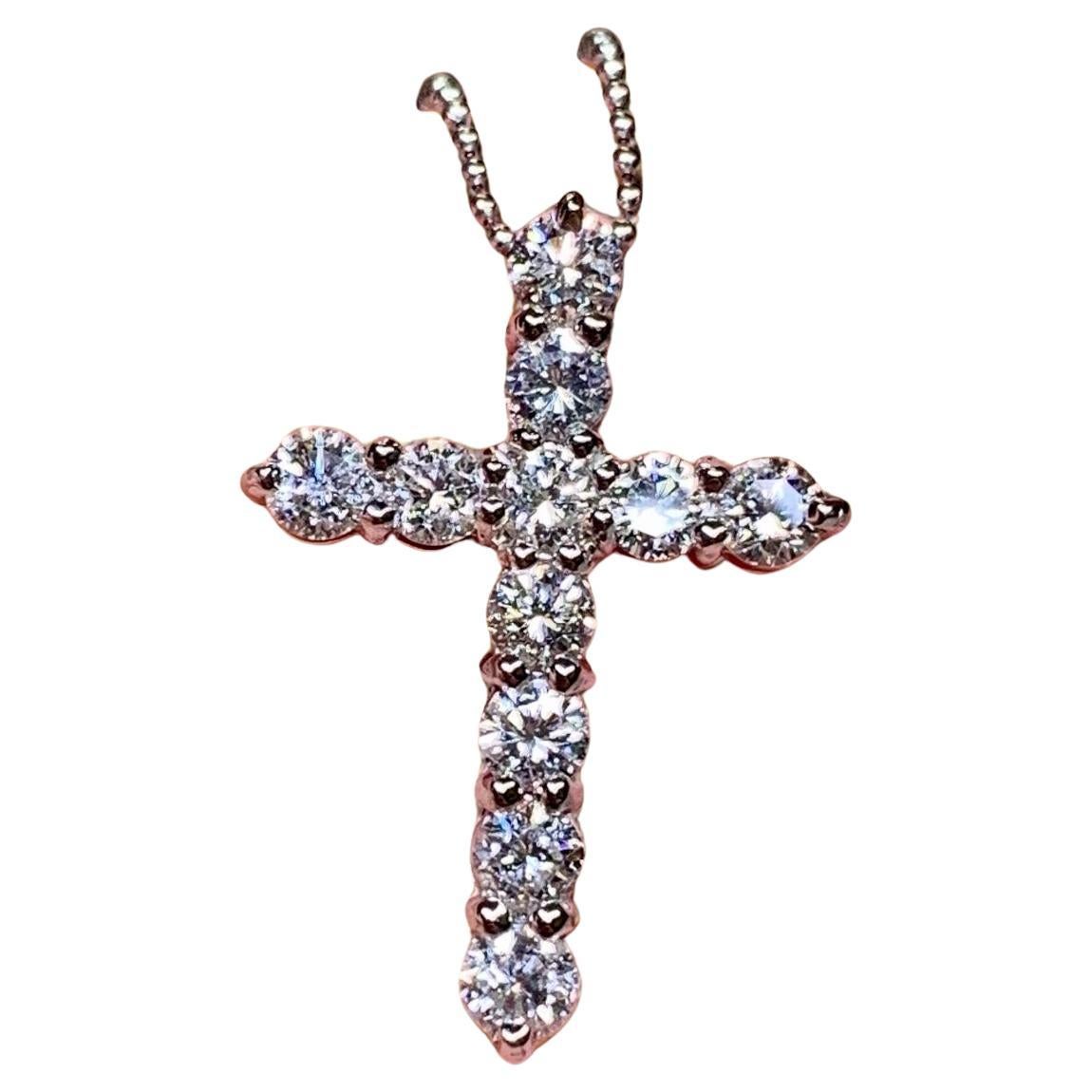 Estate Platinum Prong Set Diamond Cross Pendant Necklace 1.50ctw For Sale