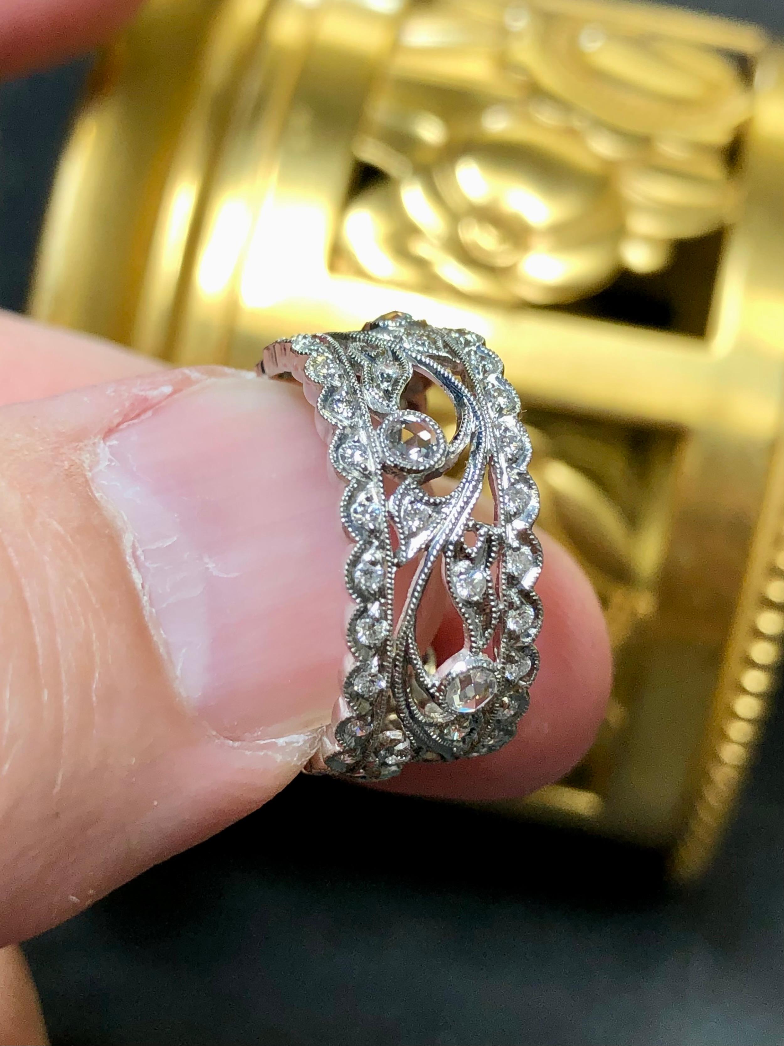 Estate Platinum Rose Cut Diamond Floral Milgrain Wide Band Ring Sz 6 In Excellent Condition For Sale In Winter Springs, FL