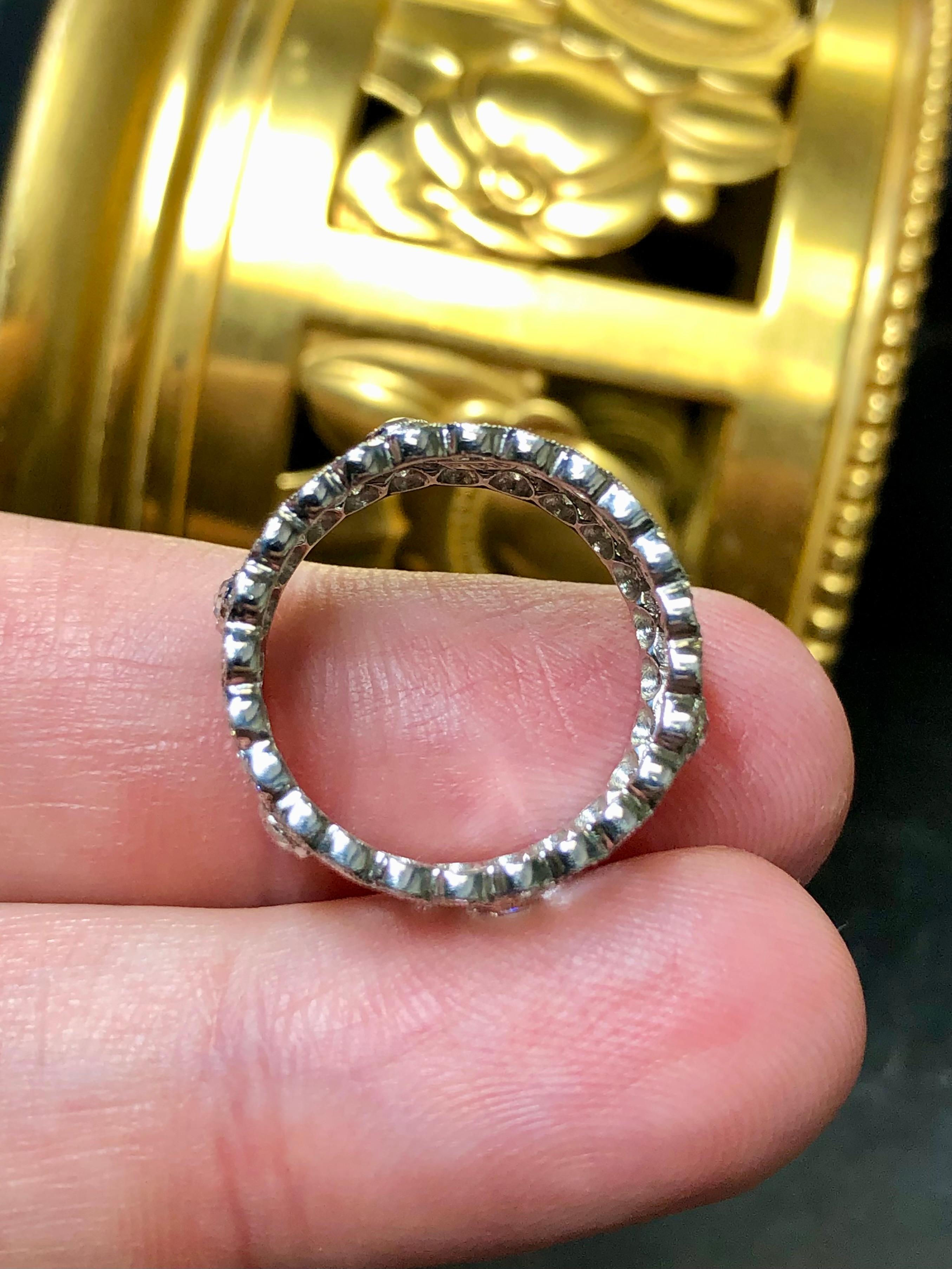 Women's or Men's Estate Platinum Rose Cut Diamond Floral Milgrain Wide Band Ring Sz 6 For Sale