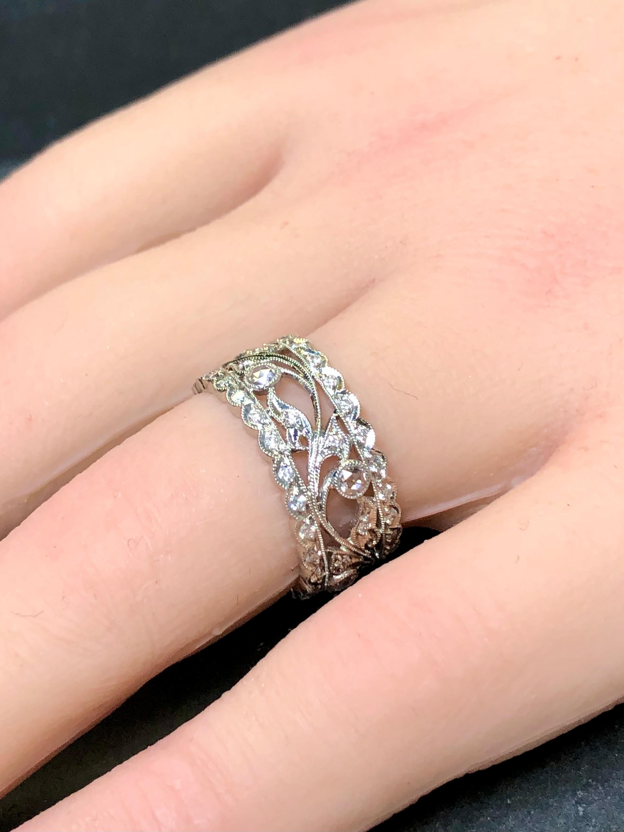 Estate Platinum Rose Cut Diamond Floral Milgrain Wide Band Ring Sz 6 For Sale 1