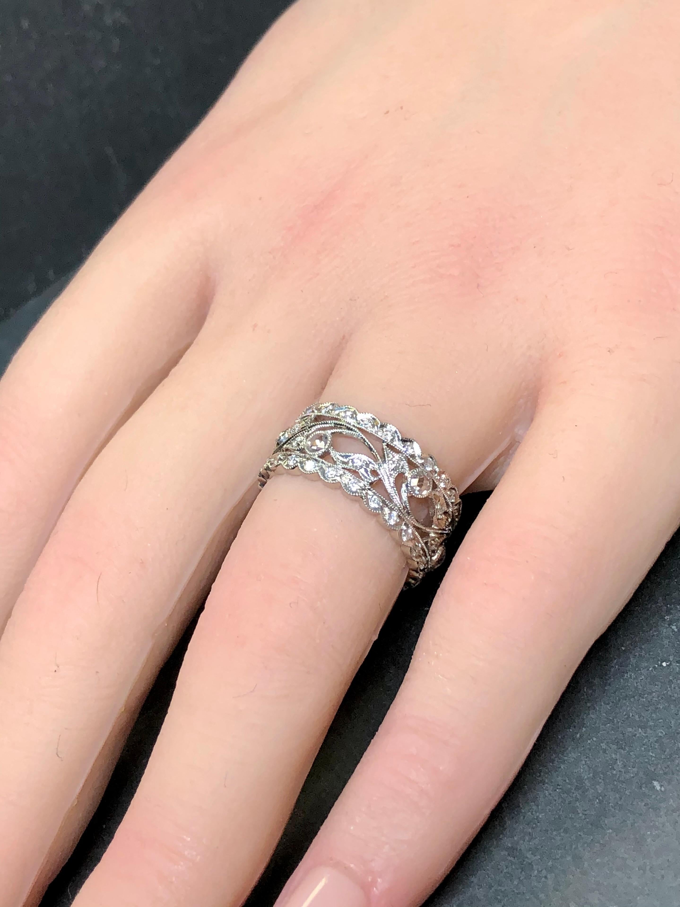 Estate Platinum Rose Cut Diamond Floral Milgrain Wide Band Ring Sz 6 For Sale 2