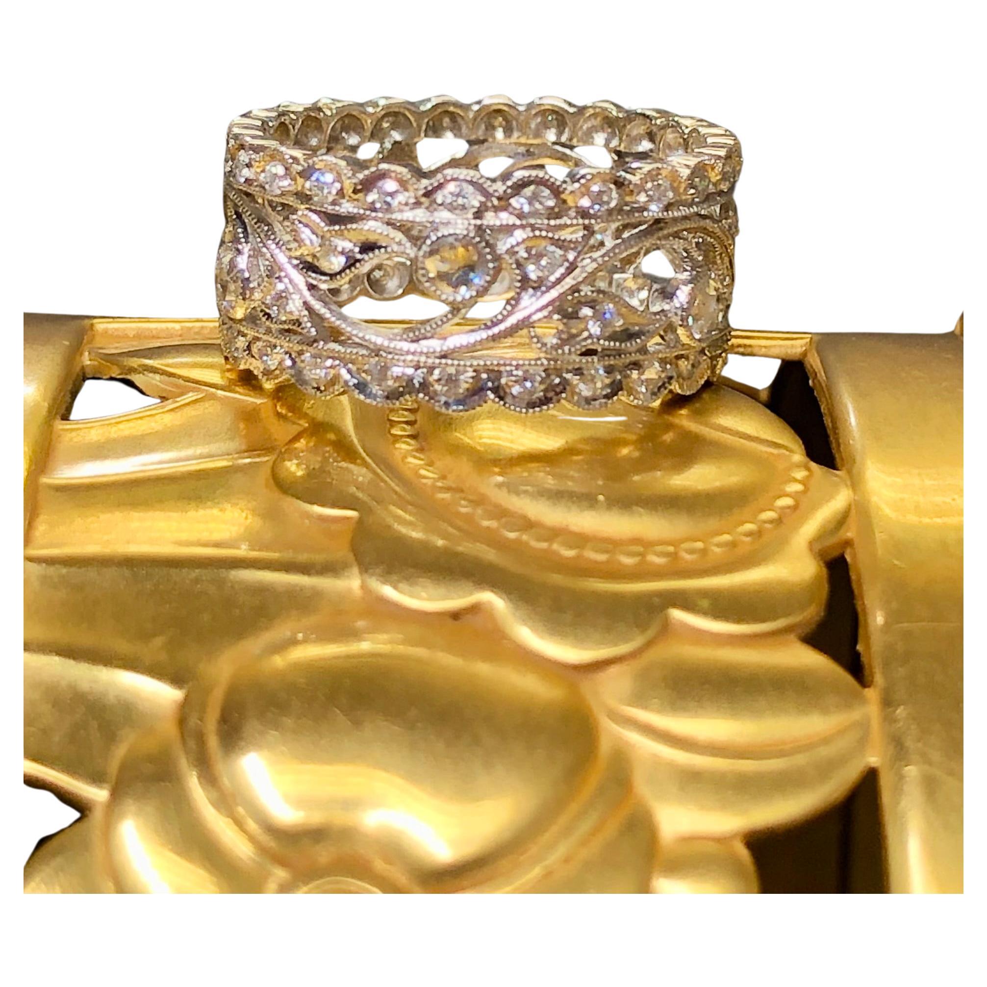 Anillo de platino Estate con diamante talla rosa Floral Milgrain Anillo ancho Sz 6